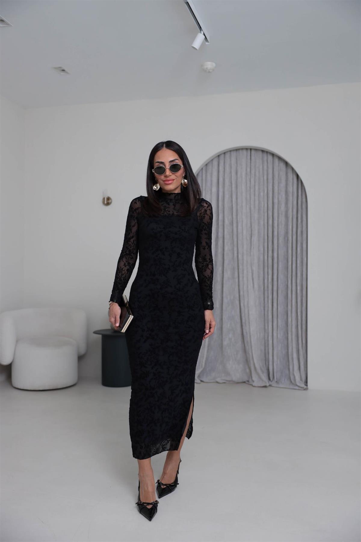 1164 Flok Baskılı Yırtmaçlı Maxi Boy Tül Elbise SİYAH