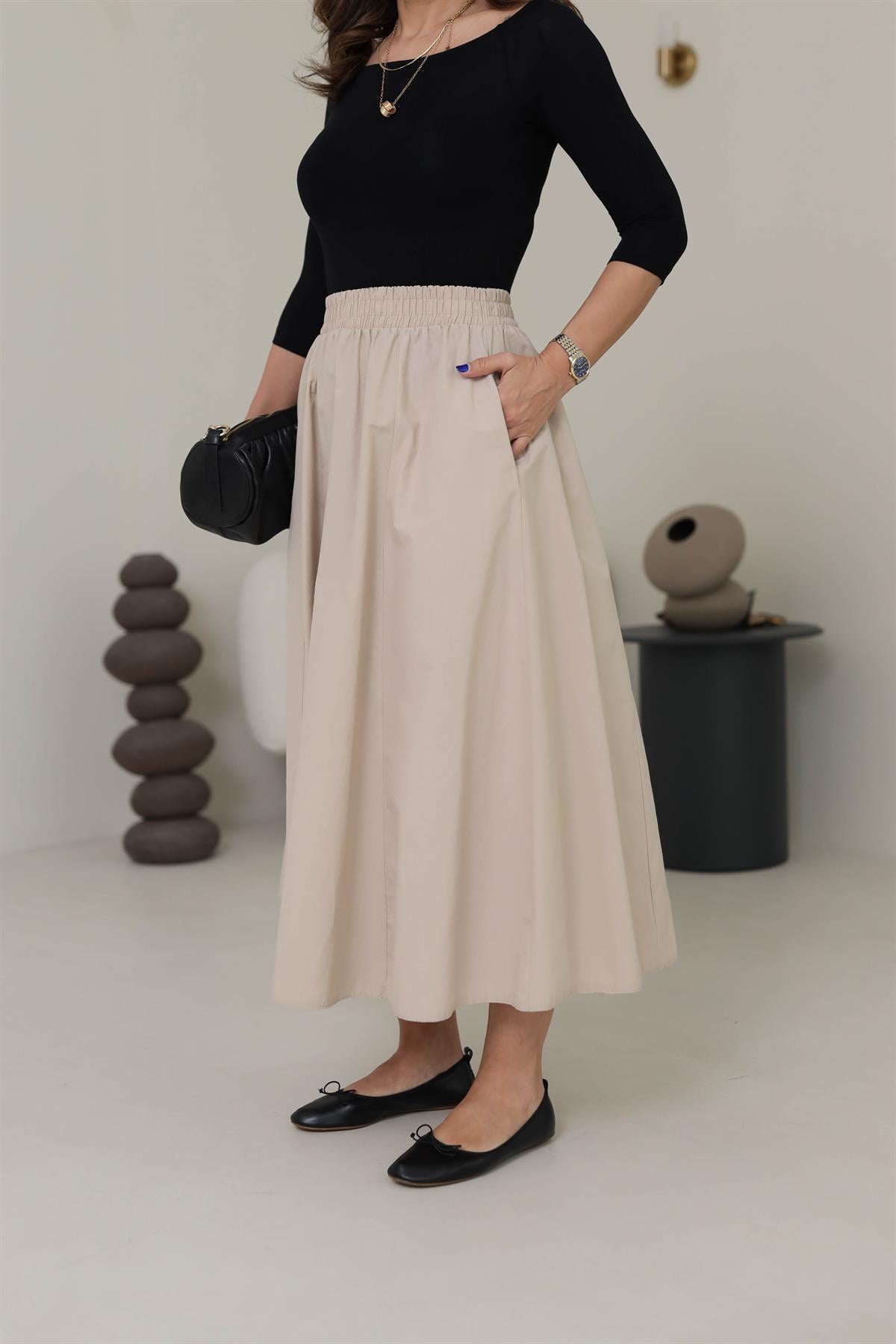 7884 Bel Lastikli Cep Detaylı Parçalı Midi Etek TAŞ