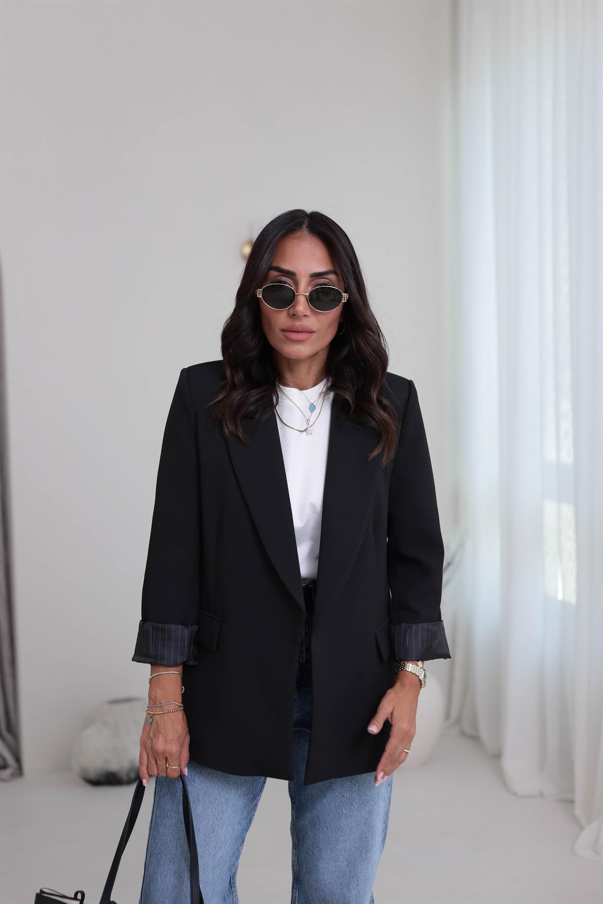 7560 Kol Katlamalı Cep Detaylı Astarlı Ceket SİYAH