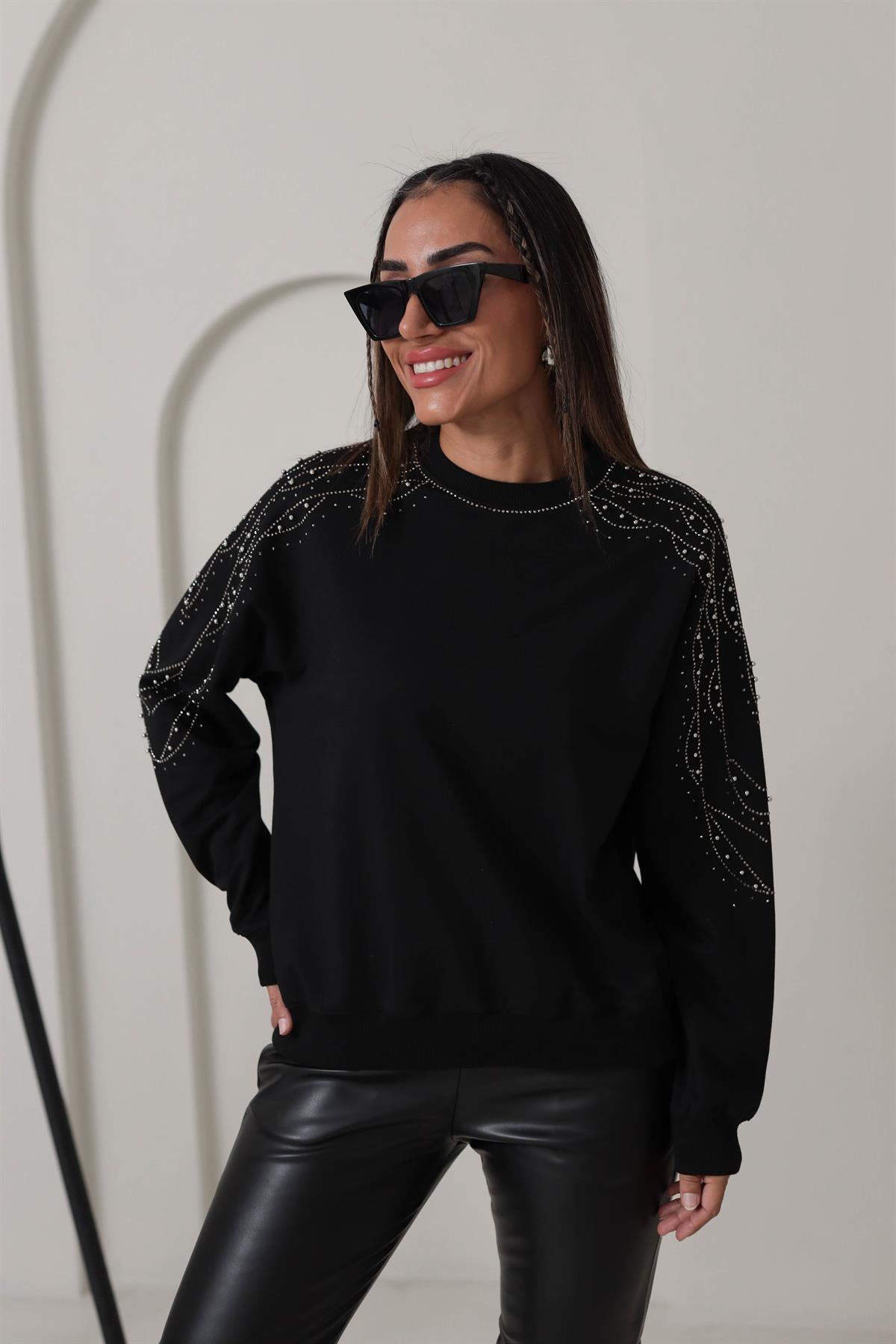 5305 Kolları Taş İşlemeli Sweatshirt