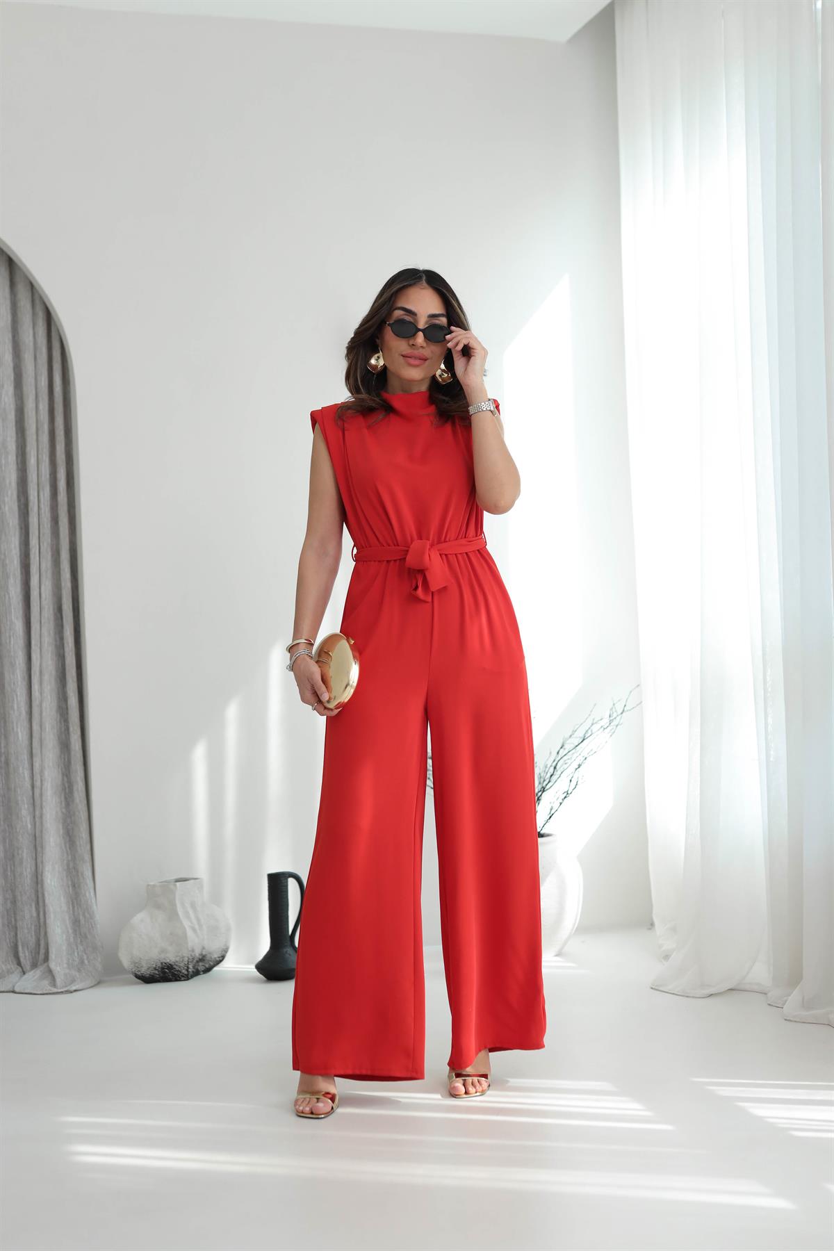 419 Vatkalı Sırt Dekolteli Kuşaklı Tulum NAR ÇİÇEĞİ