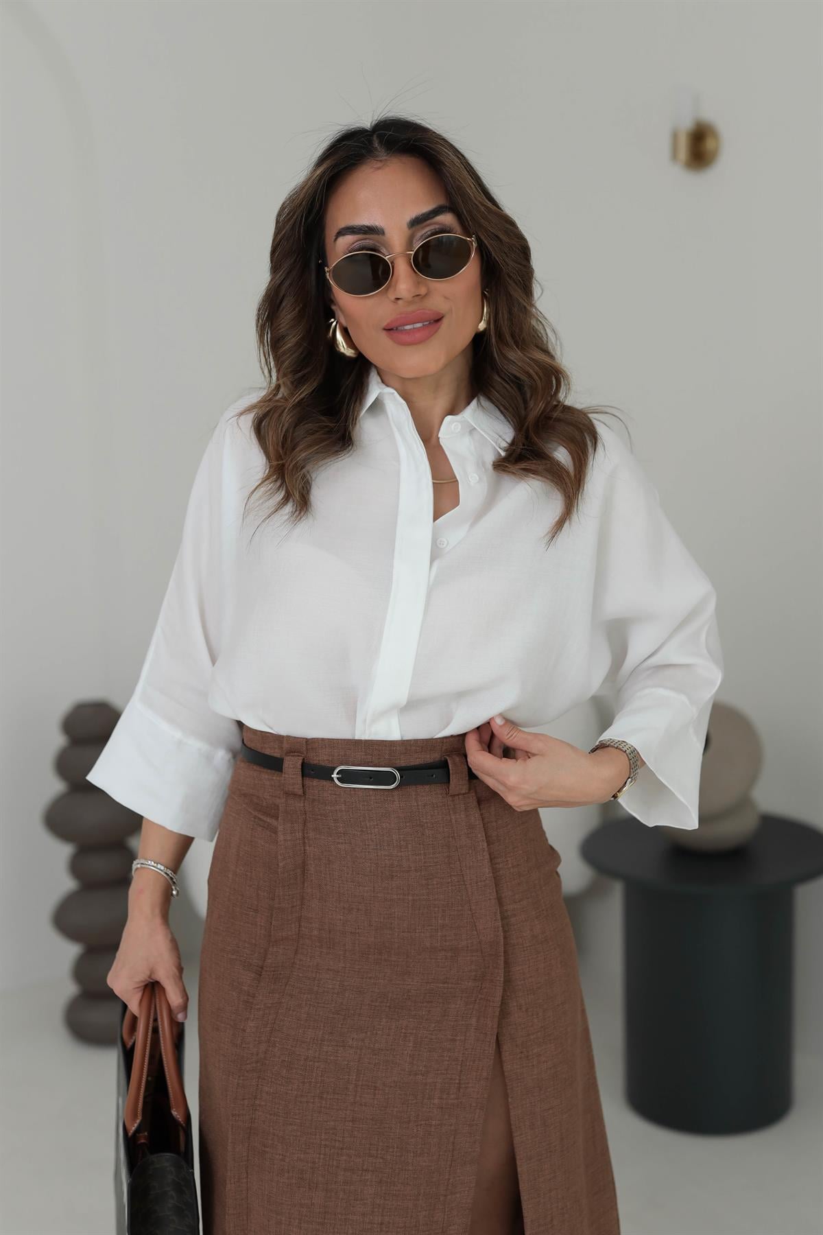 3440 Yarasa Kol Gizli Düğme Detaylı Rahat Gömlek BEYAZ