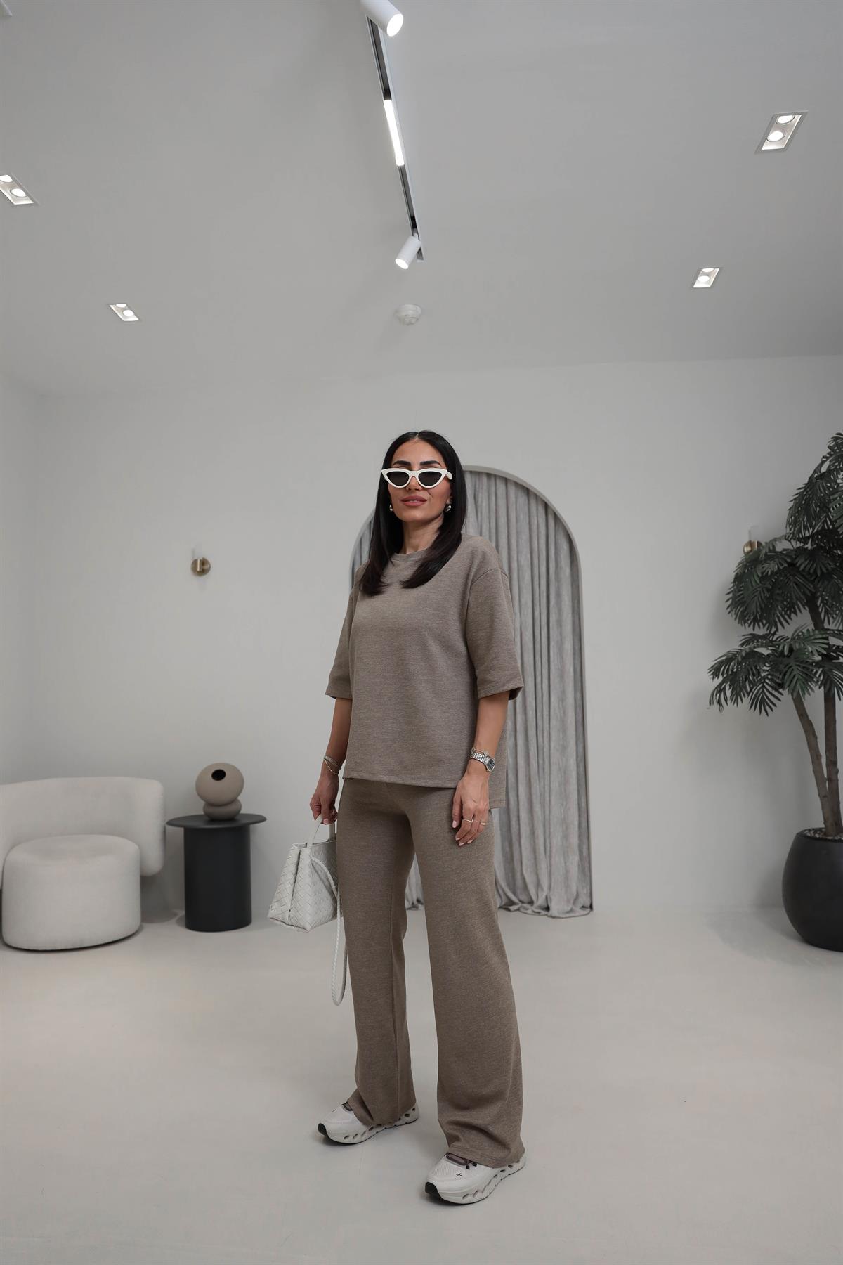 1881 Dokulu Pamuklu Tshirt Pantolon Takım VİZON