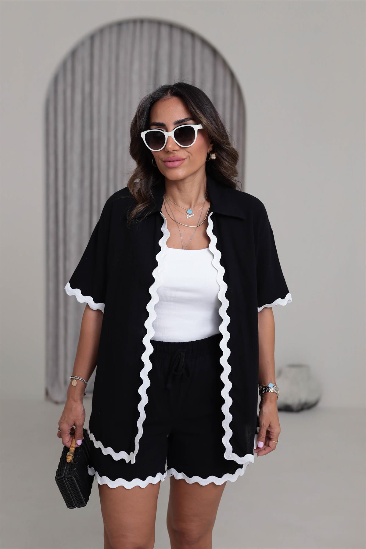 1182 Kontrast Dalga Nakışlı Keten Kimono Şort Takım SİYAH