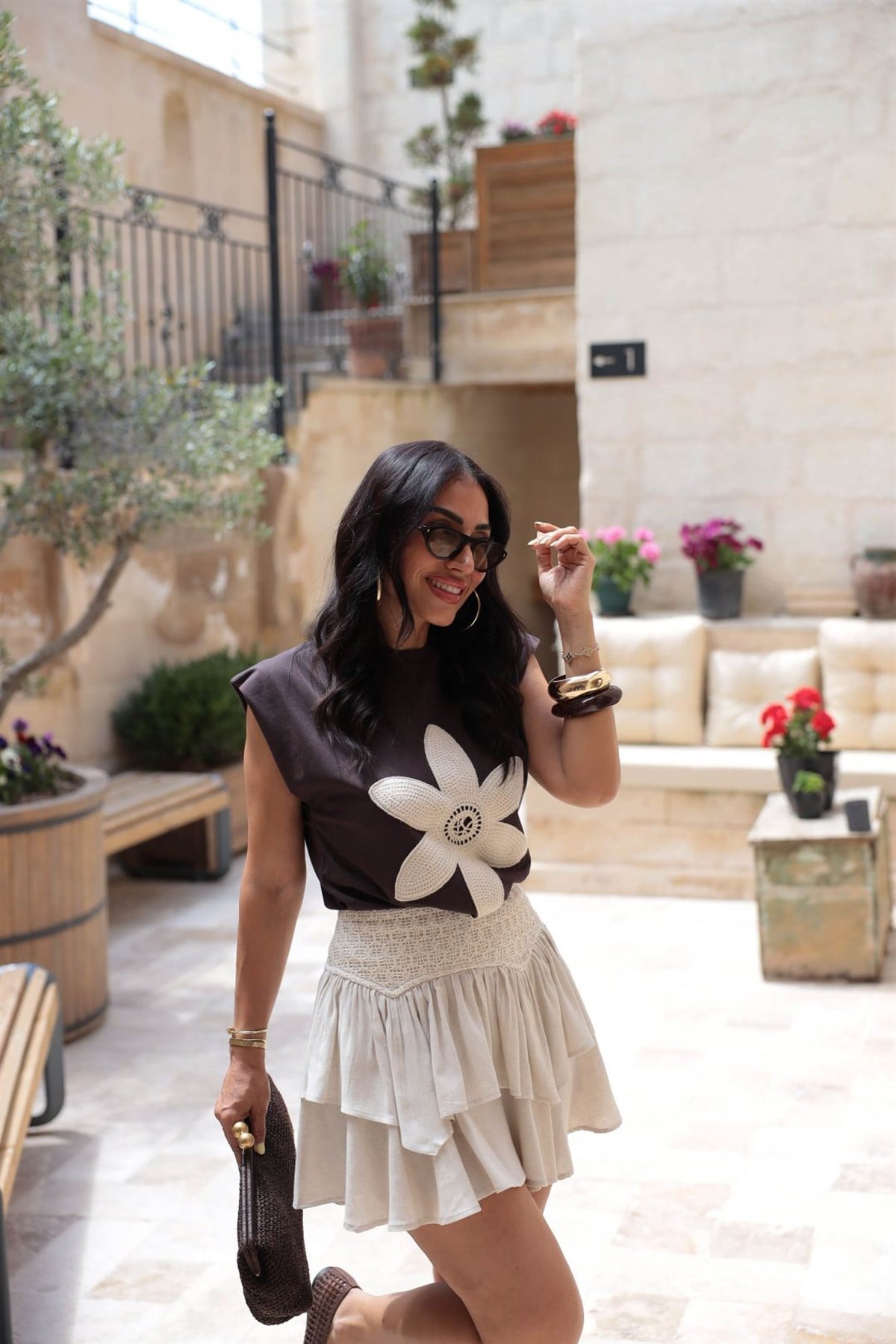 2181 Çiçek Örgü Detaylı Tshirt ACI KAHVE