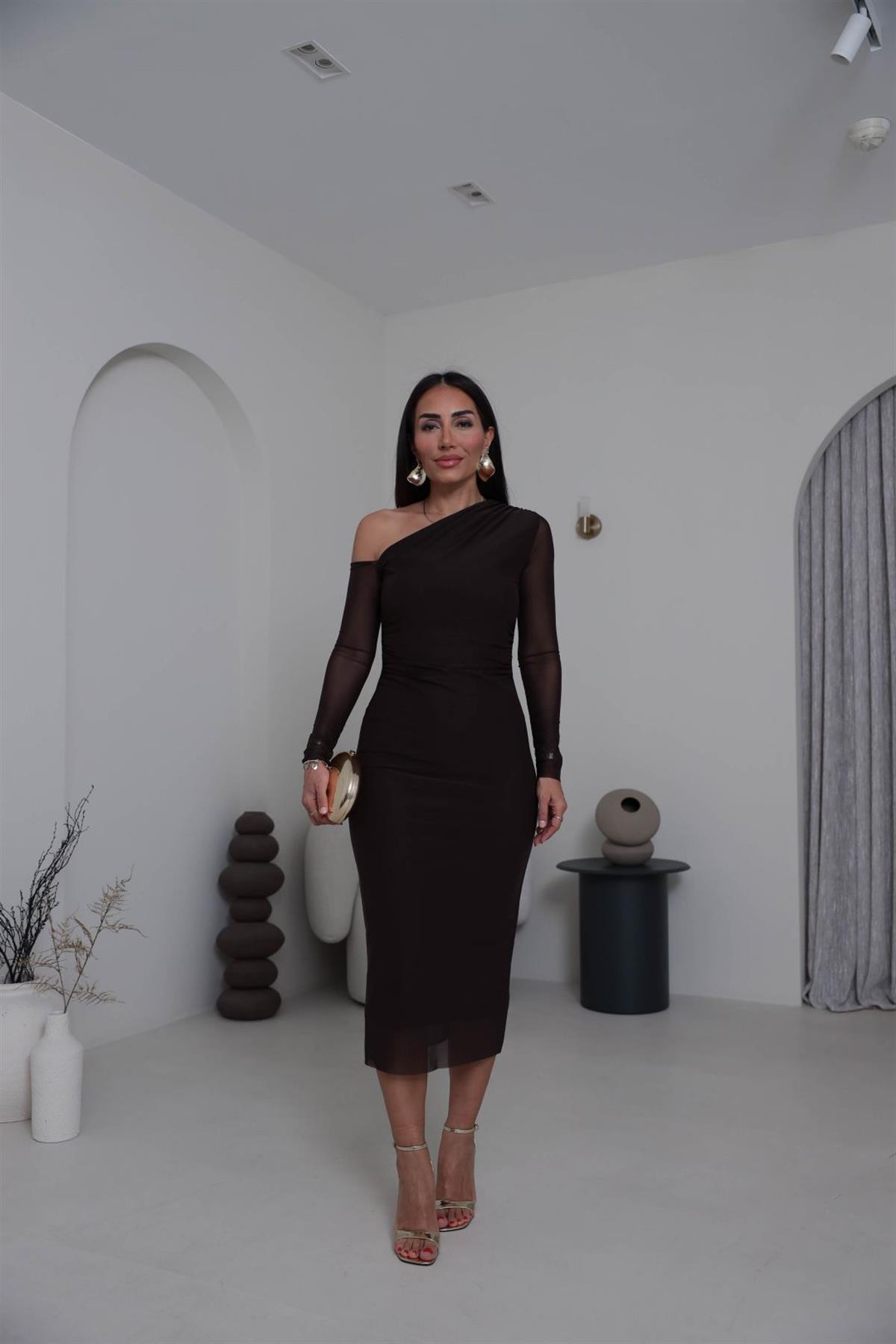 K1942 Tek Omuz Detay Drapeli Tül Elbise KAHVE