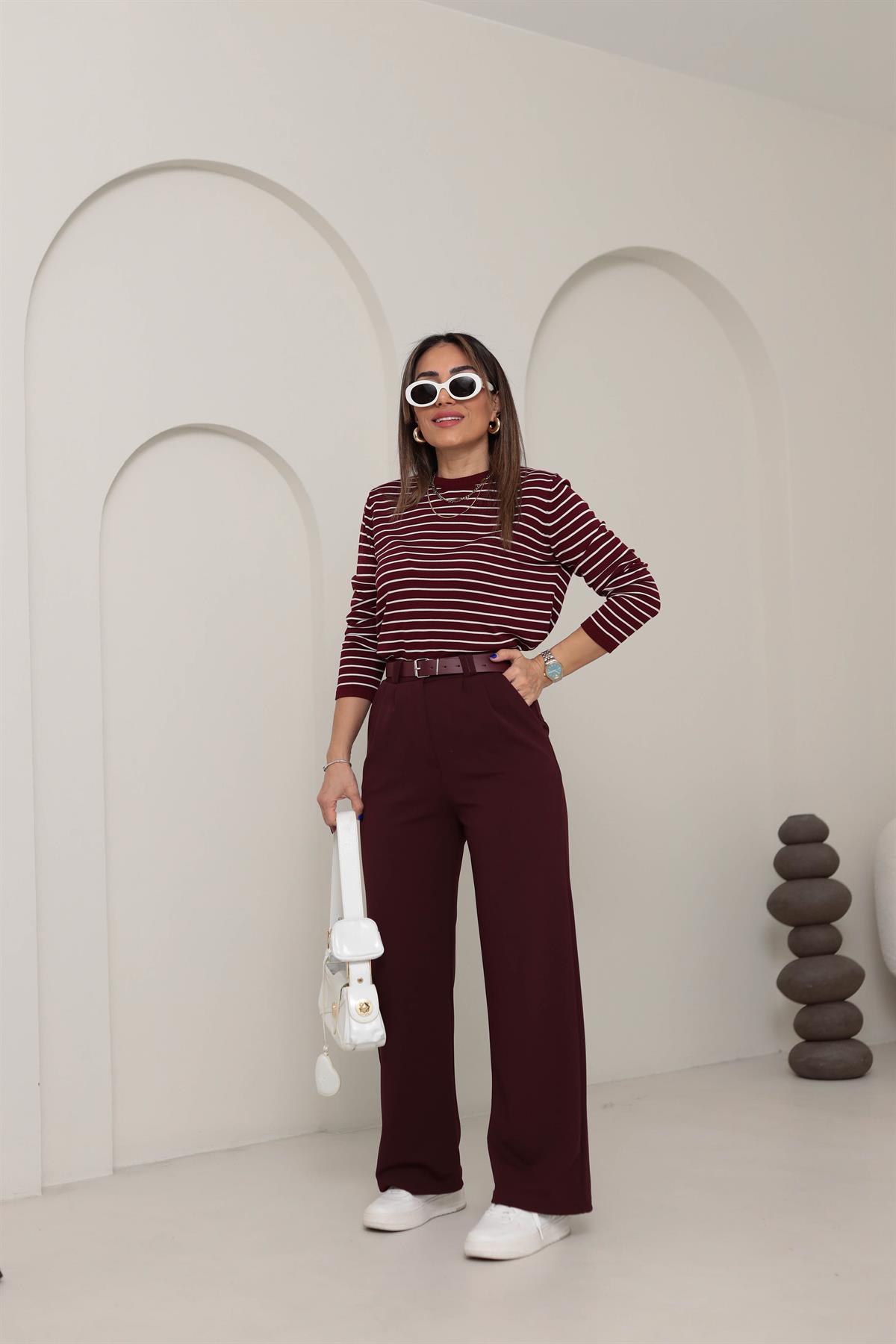 3851 Çift Pile Detaylı Kemerli Palazzo Pantolon BORDO