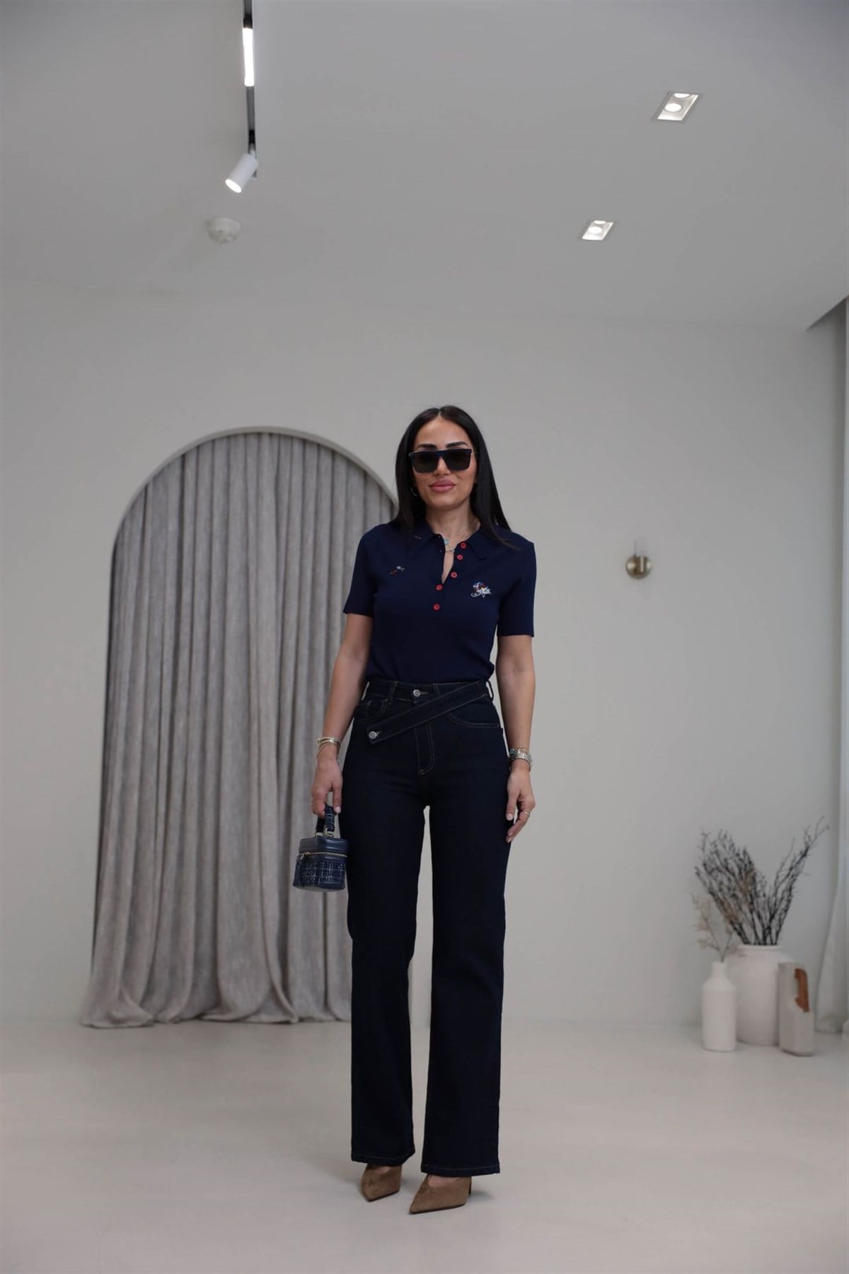 1035 Asimetrik Kemerli Denim Pantolon LACİVERT