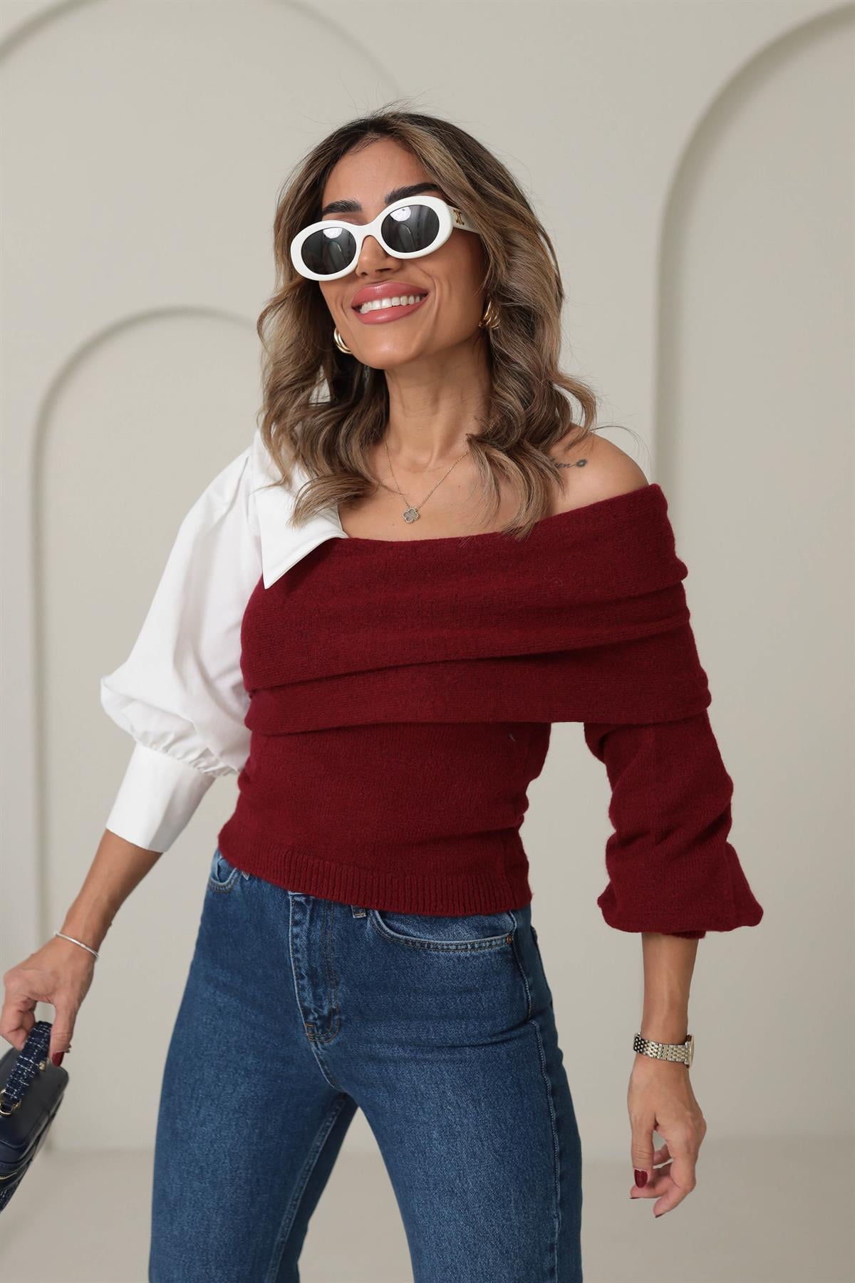 4256 Gömlek Garnili Triko Bluz BORDO