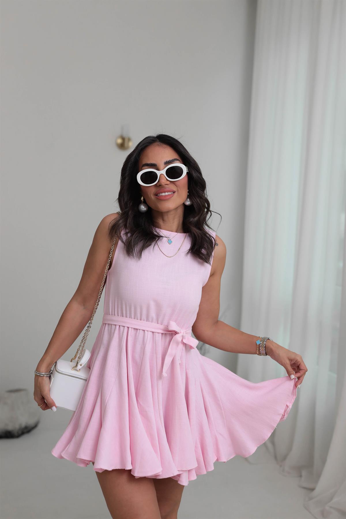 5163 Etek Ucu Volanlı Bel Lastikli Keten Elbise PEMBE