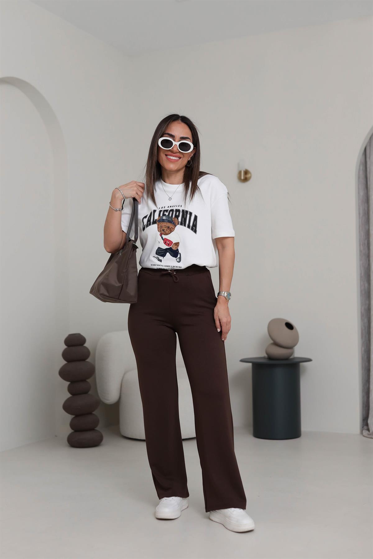 0016 Modal Kumaş Bel Lastikli Palazzo Eşofman Altı KAHVE