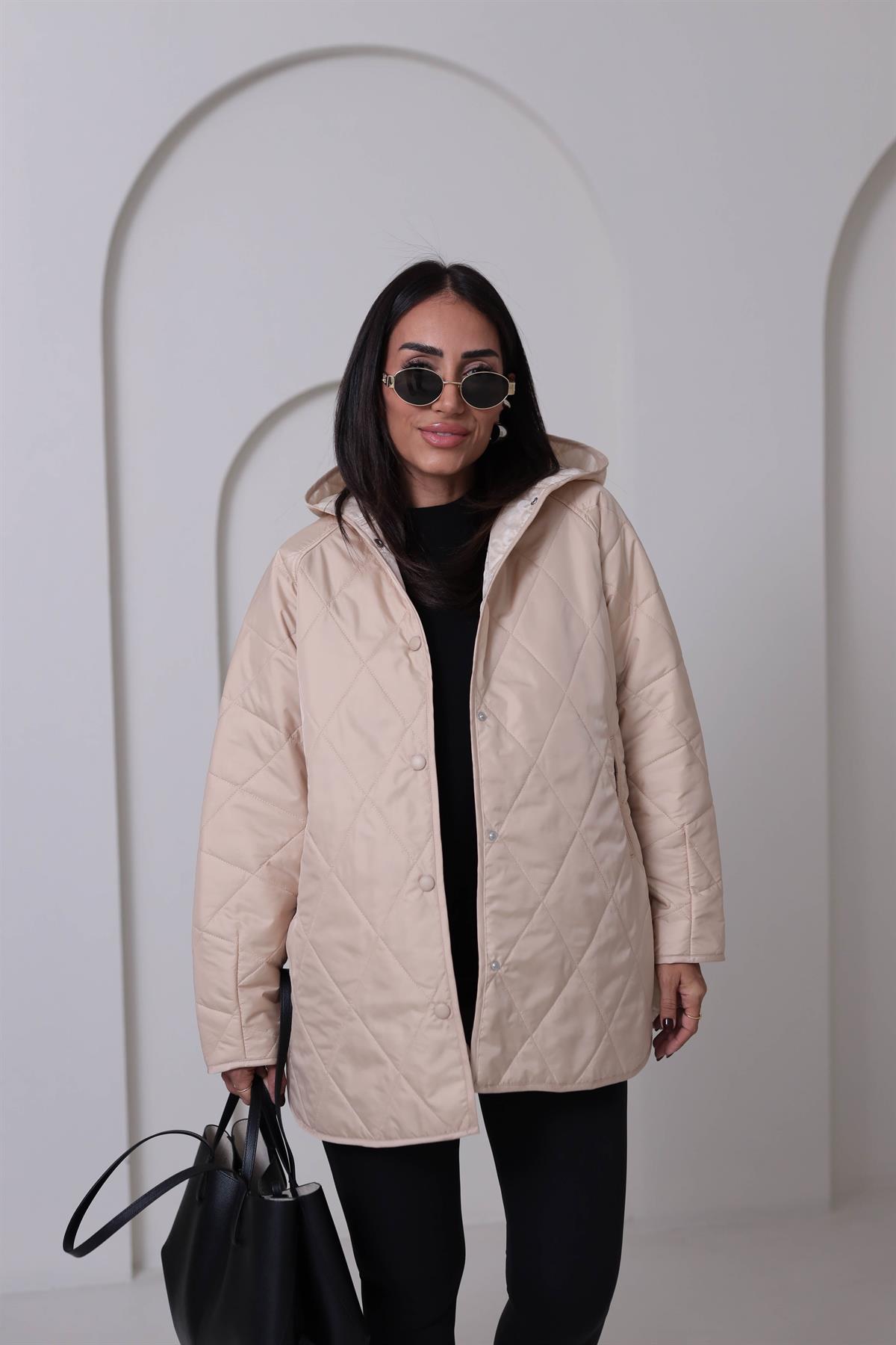 4211 Kapitone Kapşonlu Oversize Mont BEJ