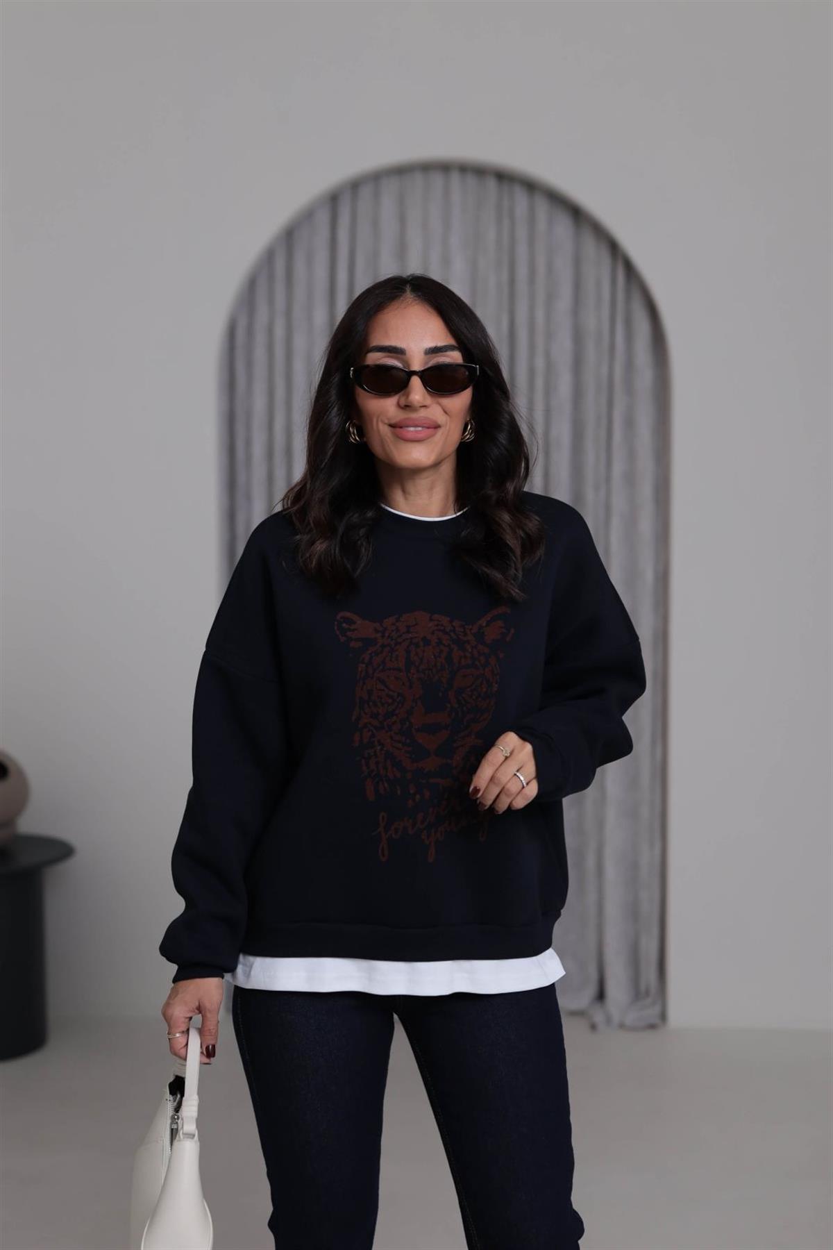 0612 Leopar Baskılı Şardonlu Garnili Sweatshirt LACİVERT