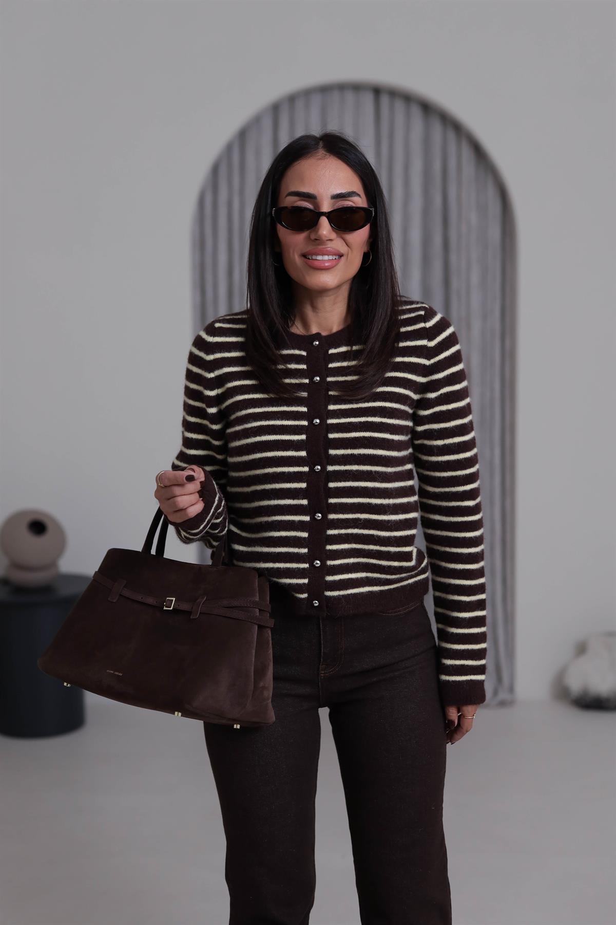 4870 Çizgili Şardonlu Bisiklet Yaka Hırka KAHVE