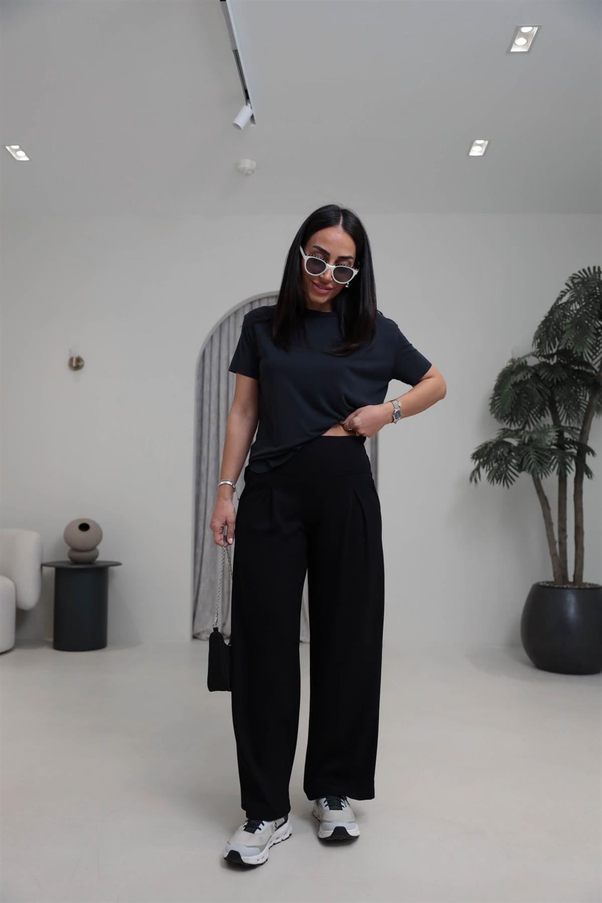 1202 Lulu Geniş Kemerli Piliseli Modal Pantolon SİYAH