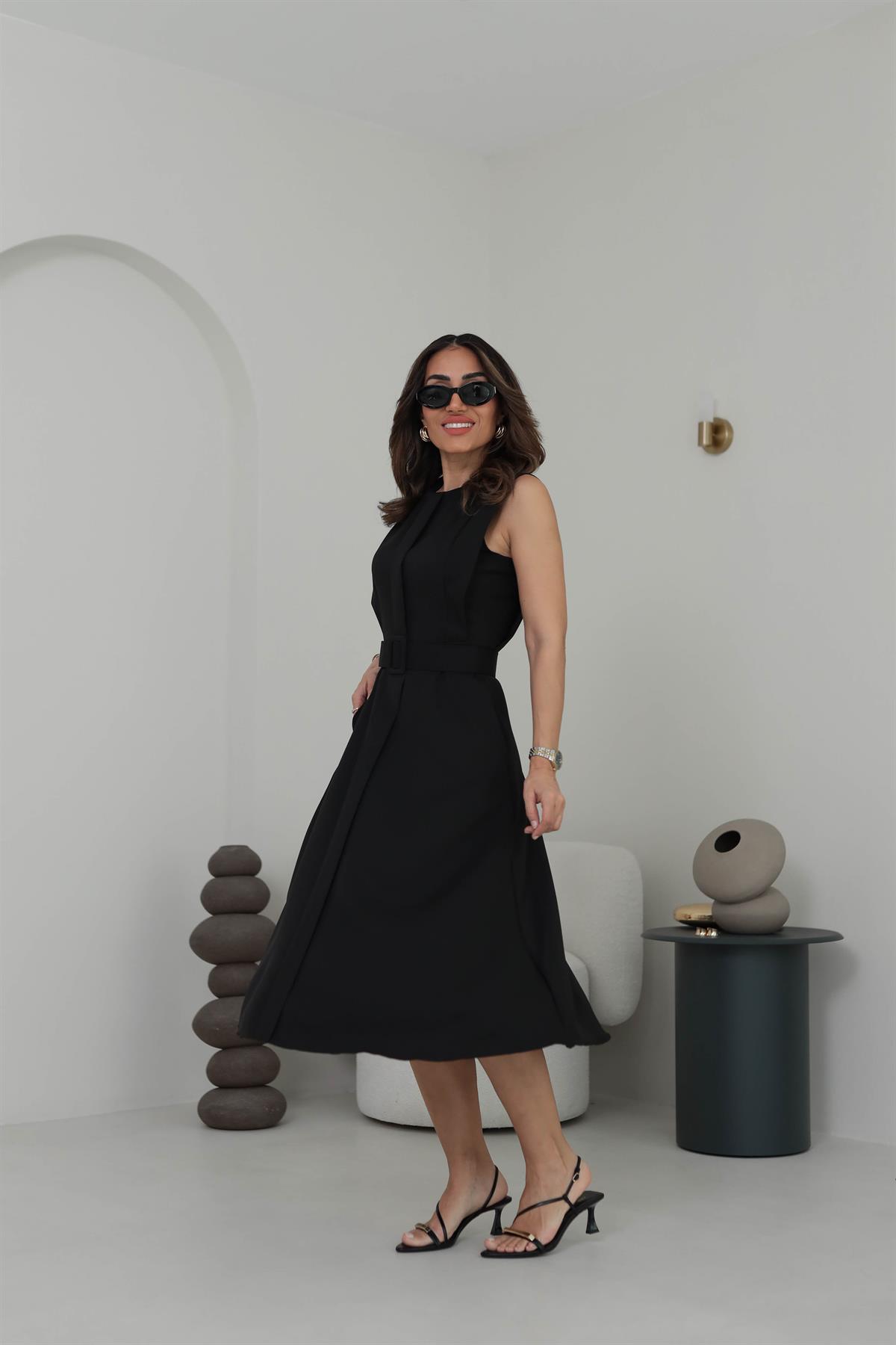 3715 A Kesim Sıfır Kol Kemerli Midi Elbise SİYAH