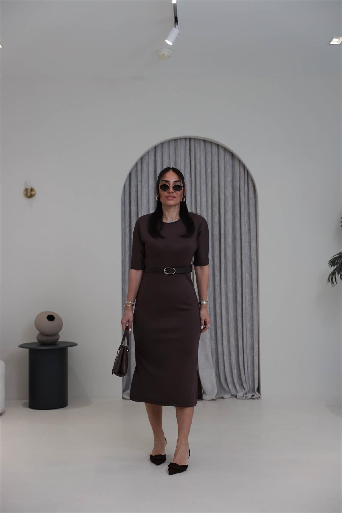 1484 Kemerli Modal Elbise KAHVE