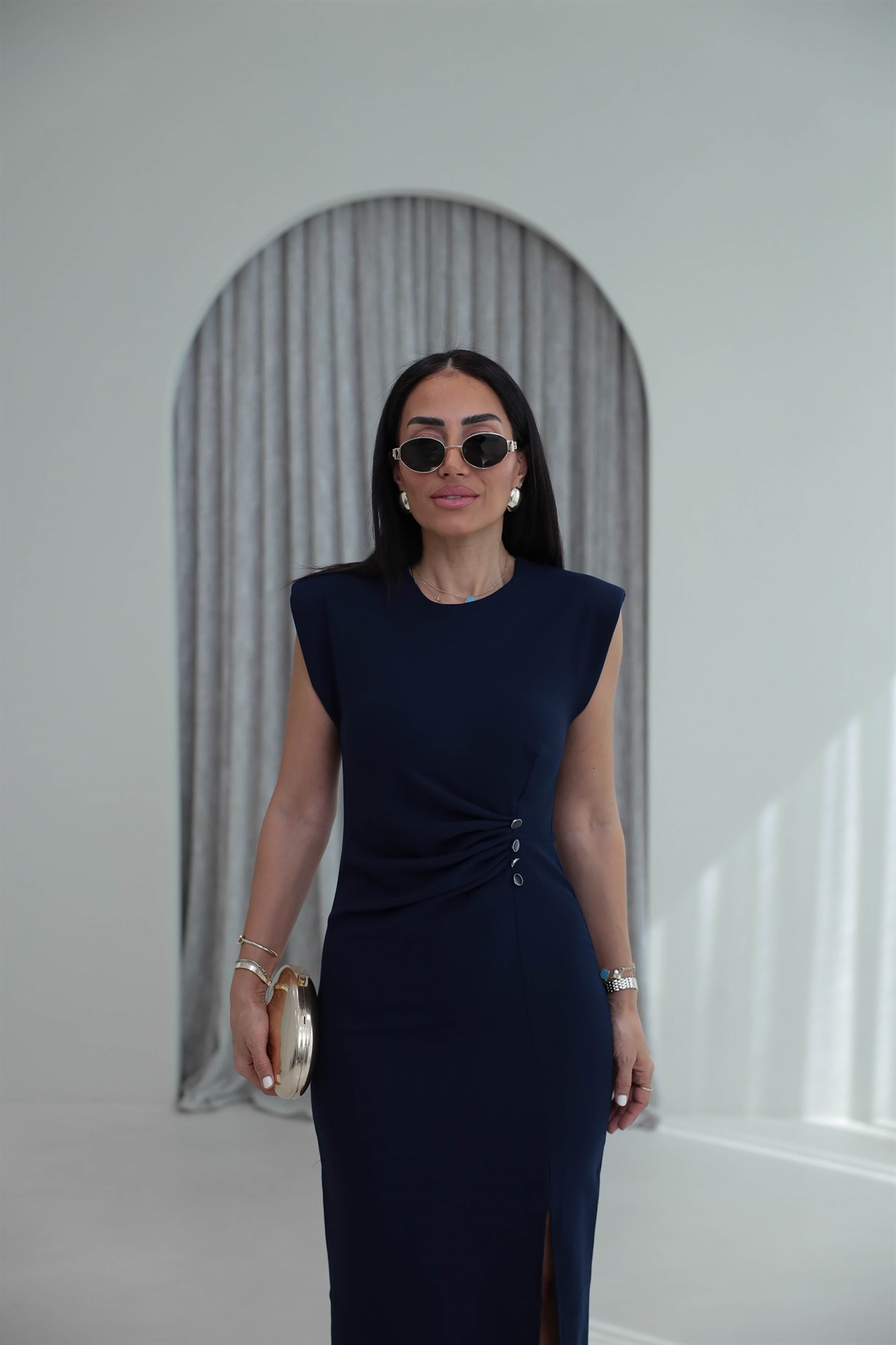 3870 Sıfır Kol Vatkalı Drapeli Elbise LACİVERT