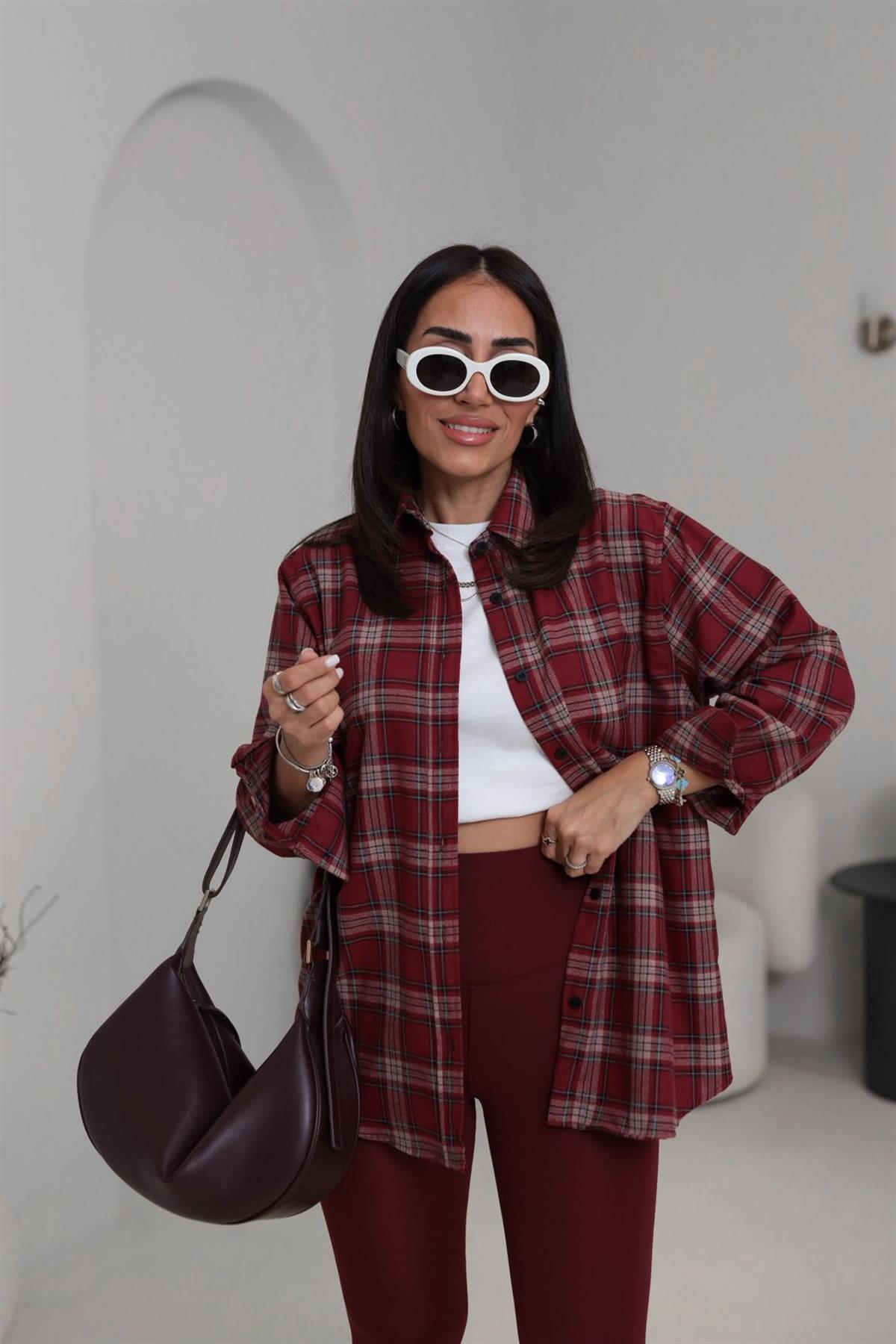 6835 Oversize Kareli Oduncu Gömlek BORDO