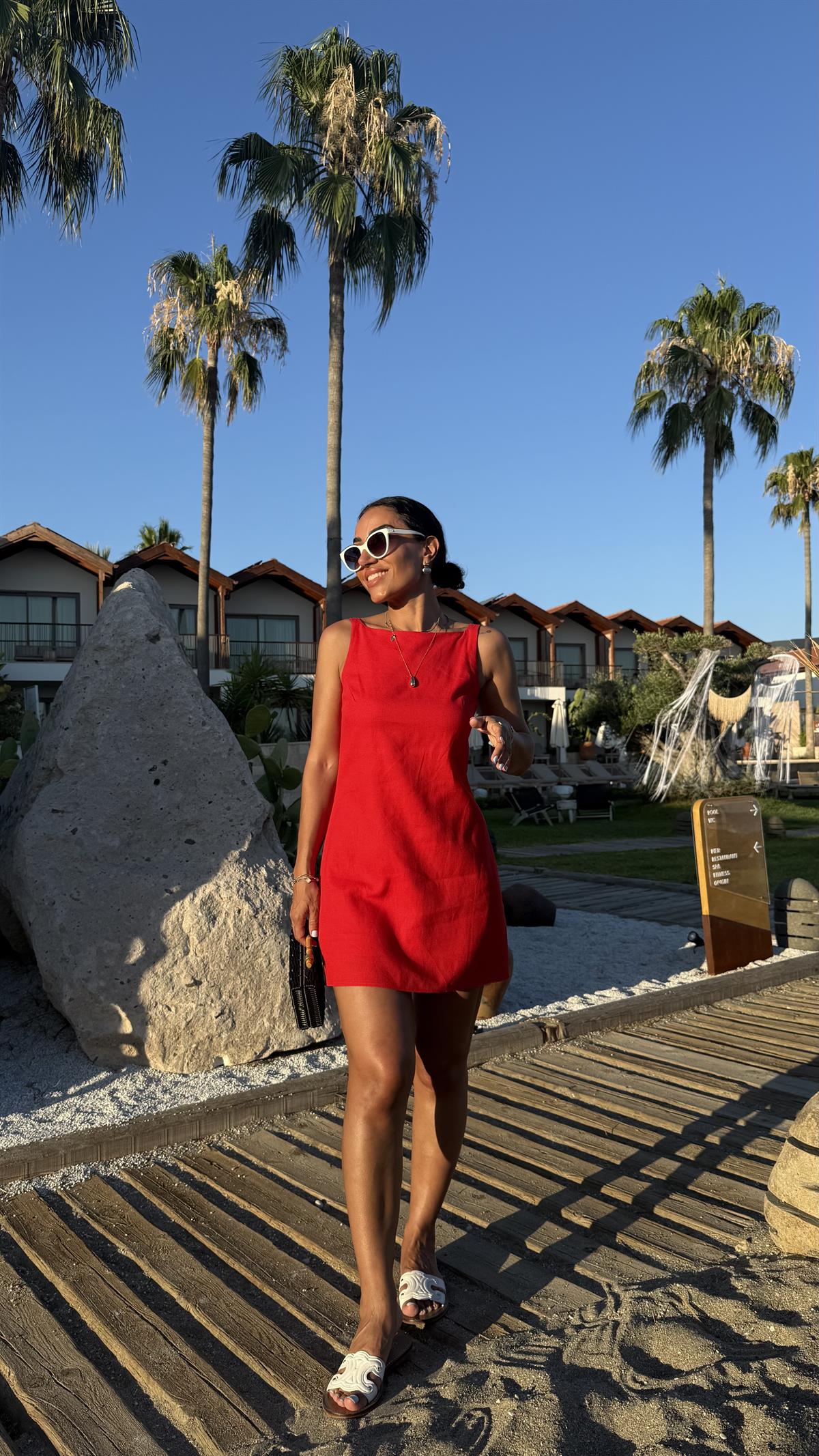 4140 Halter Yaka Astarlı Keten Mini Elbise KIRMIZI