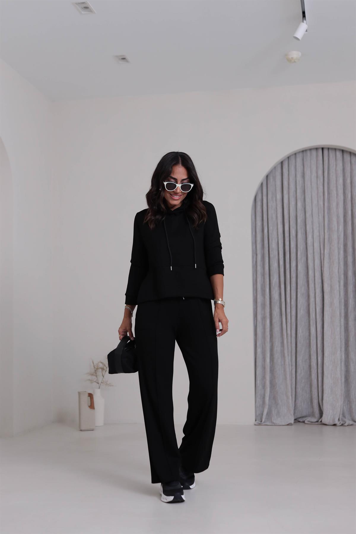 7327 Kapşonlu Yırtmaçlı Çimalı Modal Takım SİYAH