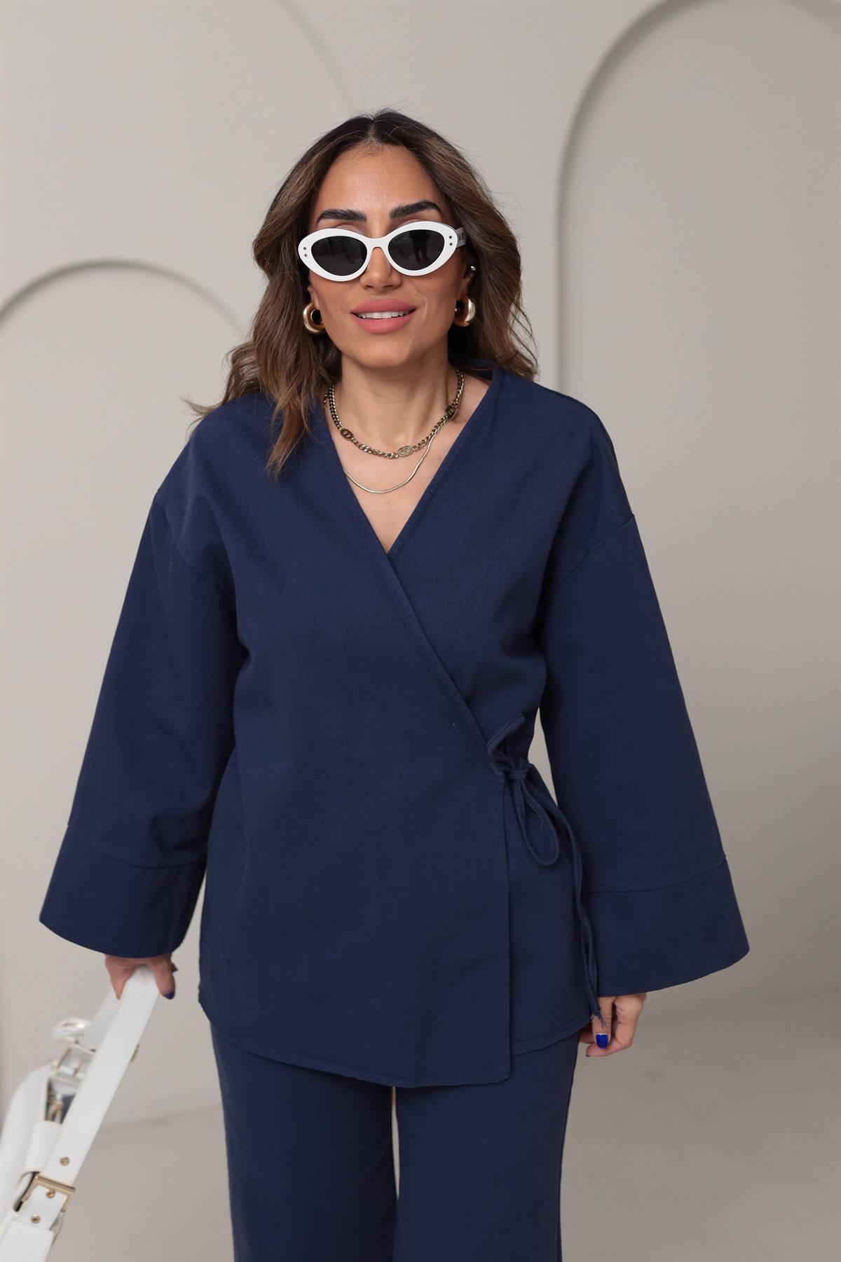 8629 Duble Kol Önden Bağlamalı Ceket & Pantolon Takım LACİVERT