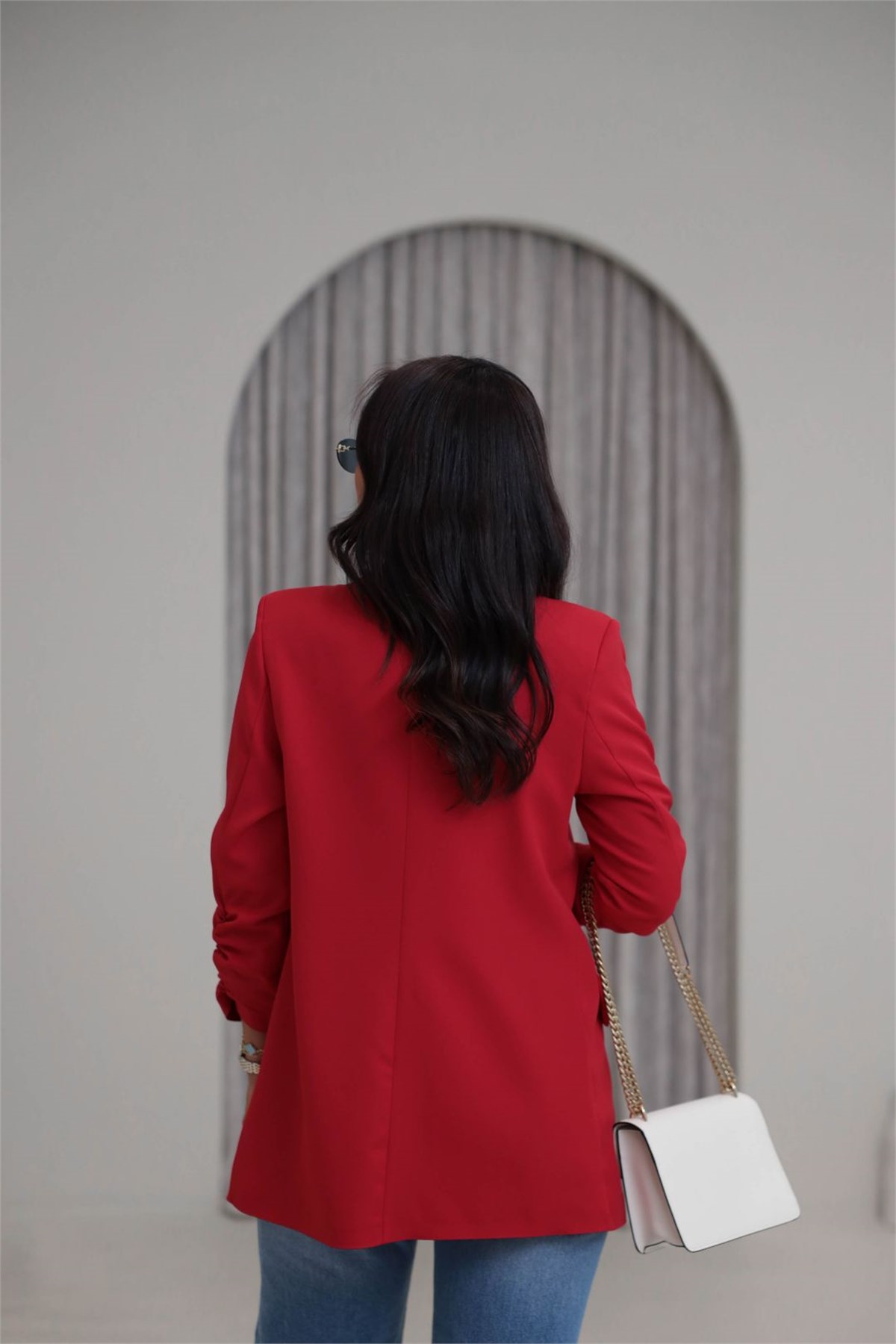 3101Y Vatkalı Kolları Büzgülü Blazer Ceket KIRMIZI