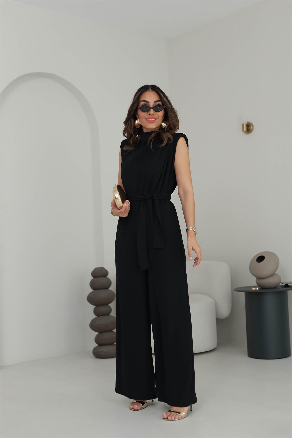 419 Vatkalı Sırt Dekolteli Kuşaklı Tulum SİYAH