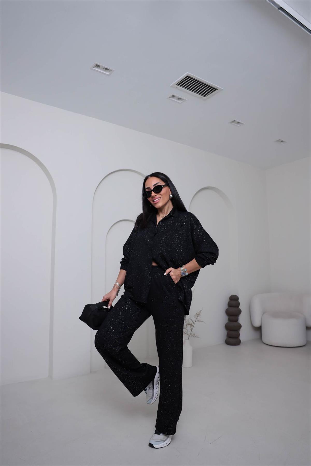 2524  Sim Geçişli Gömlek Pantolon Takım SİYAH