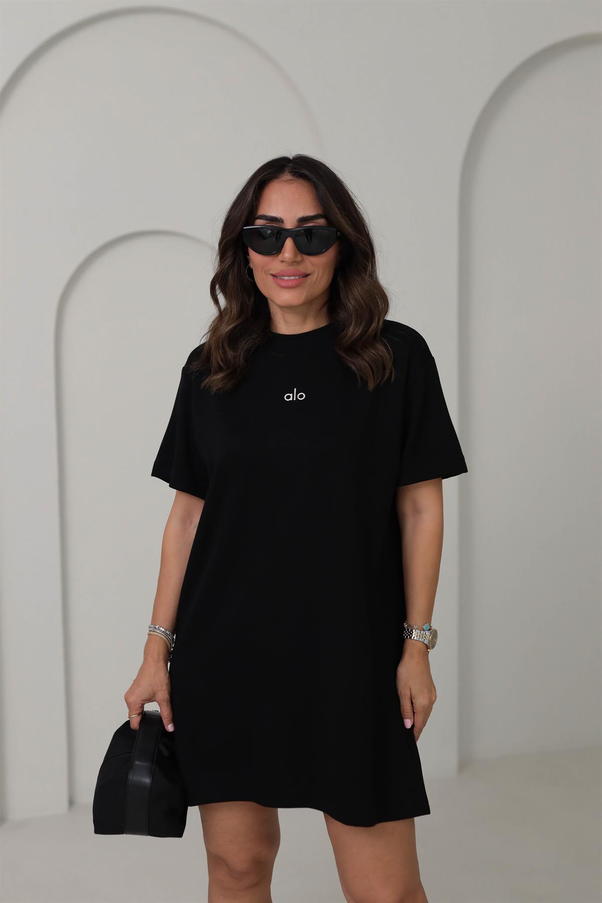 1570 Baskılı Modal Kumaş Rahat Kalıp Elbise SİYAH