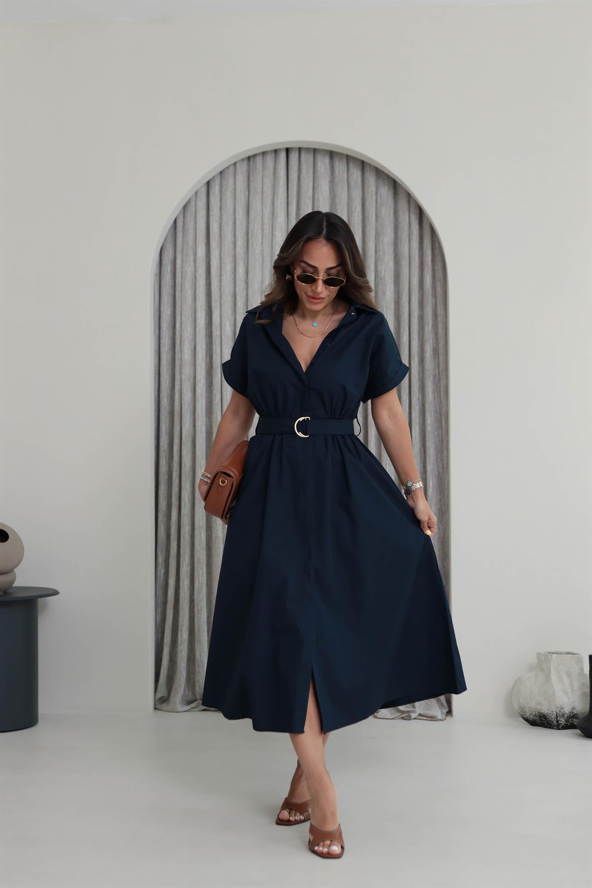 02075 Kısa Kol Kemerli Gömlek Elbise LACİVERT