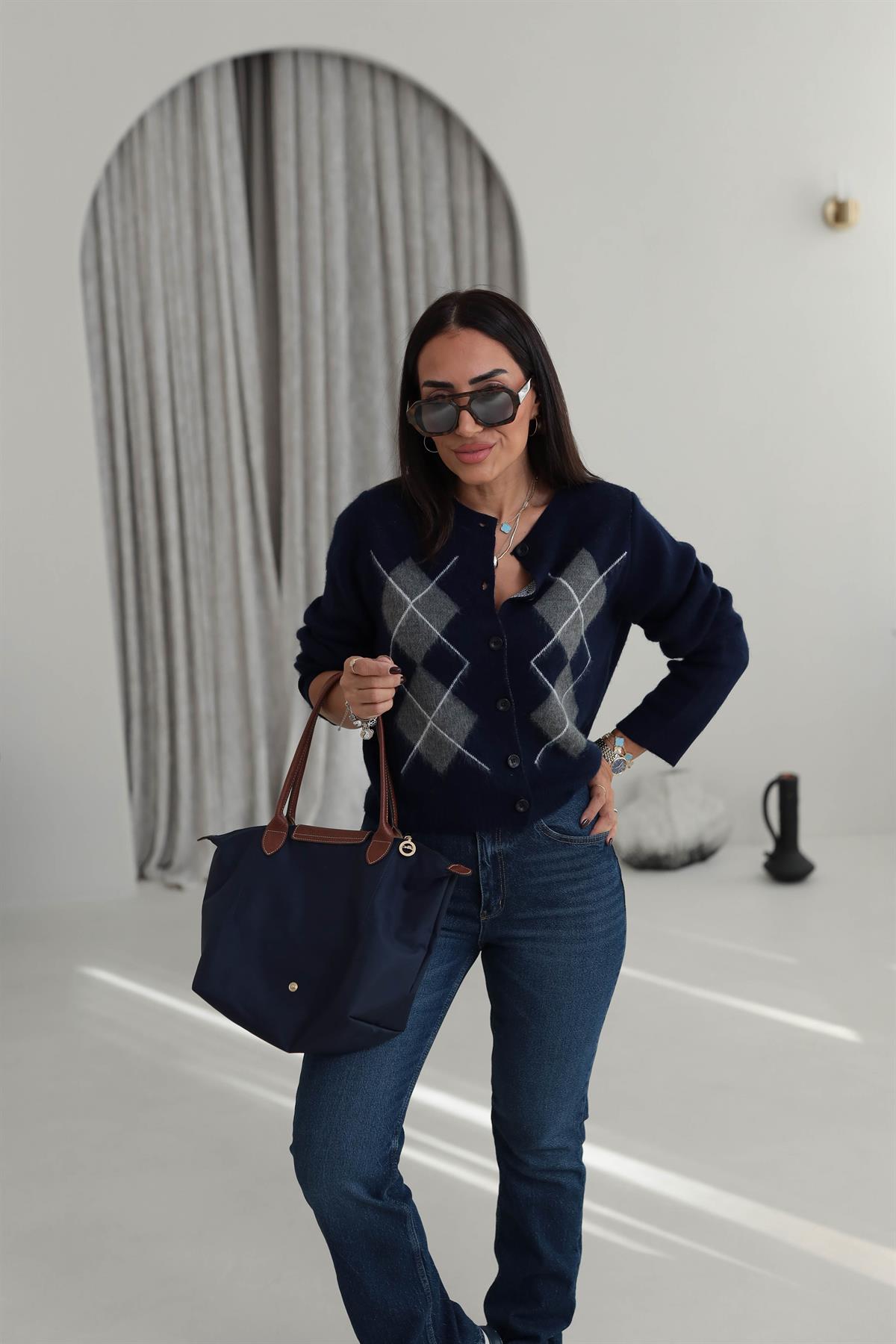 5263 Bisiklet Yaka Baklava Desen Massi Hırka LACİVERT