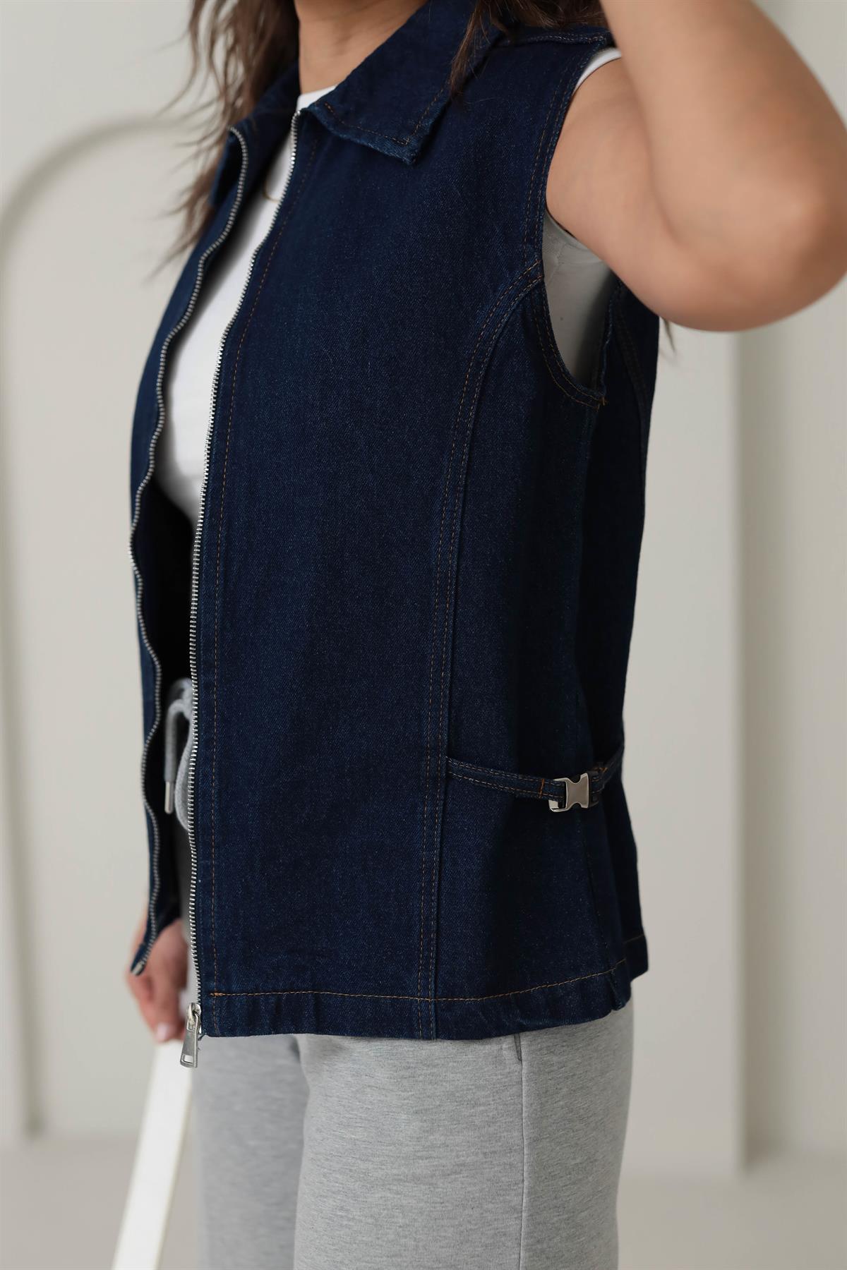 5787 Yanı Kemerli Fermuarlı Kot Yelek LACİVERT