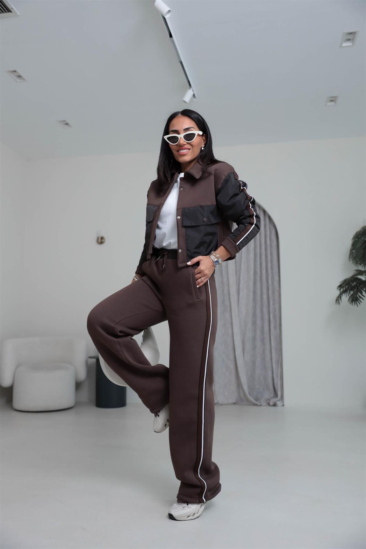 4076 Paraşüt Garnili 3 İplik Polo Yaka Çıtçıtlı Takım KAHVE