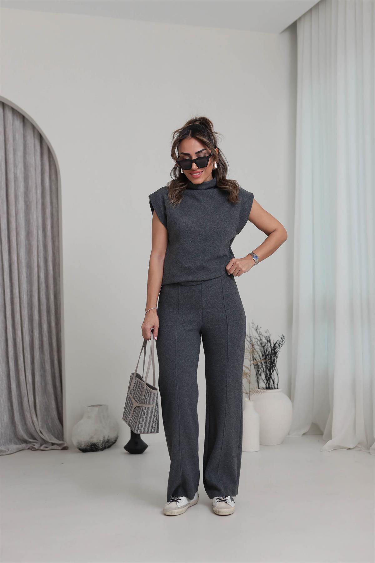 1819 Önü Çimalı Örme Kumaş Rahat Pantolon ANTRASİT