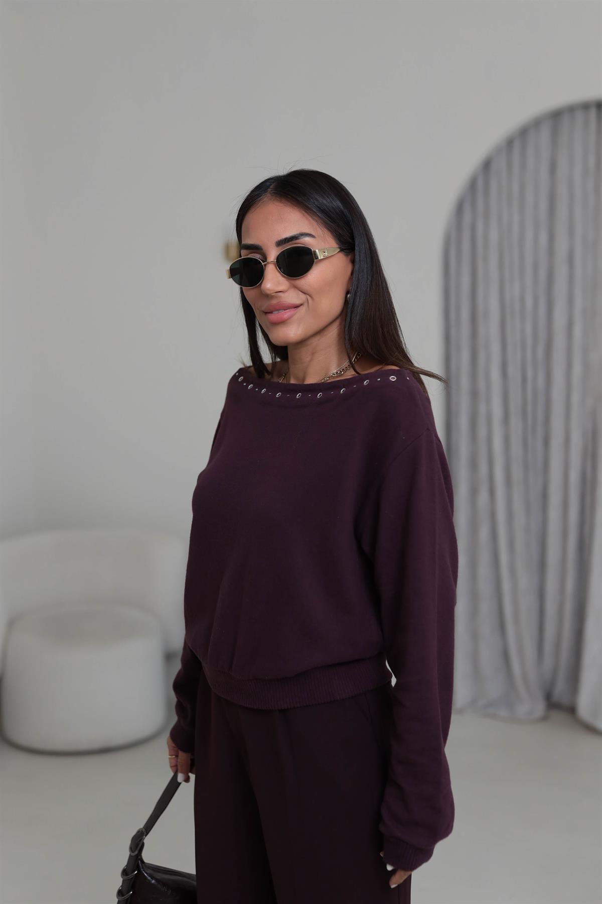 Kayık Yaka Kuşgözü Detay Orj Yumoş Bluz MÜRDÜM