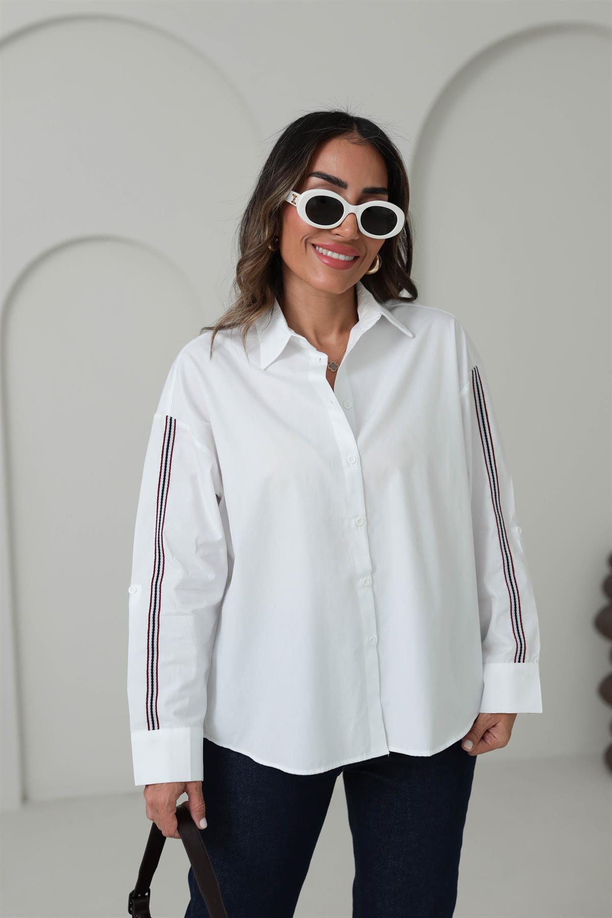 6431 Kol Katlamalı Biyeli Gömlek BEYAZ