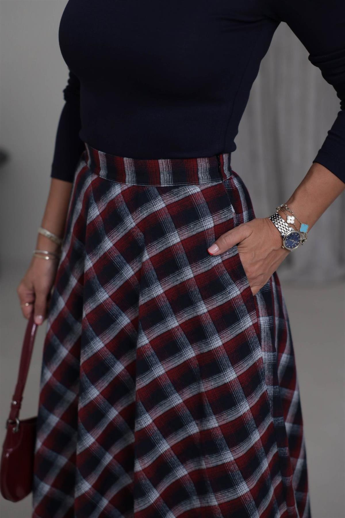 4086 Midi Boy Ekose Etek BORDO-LACİ