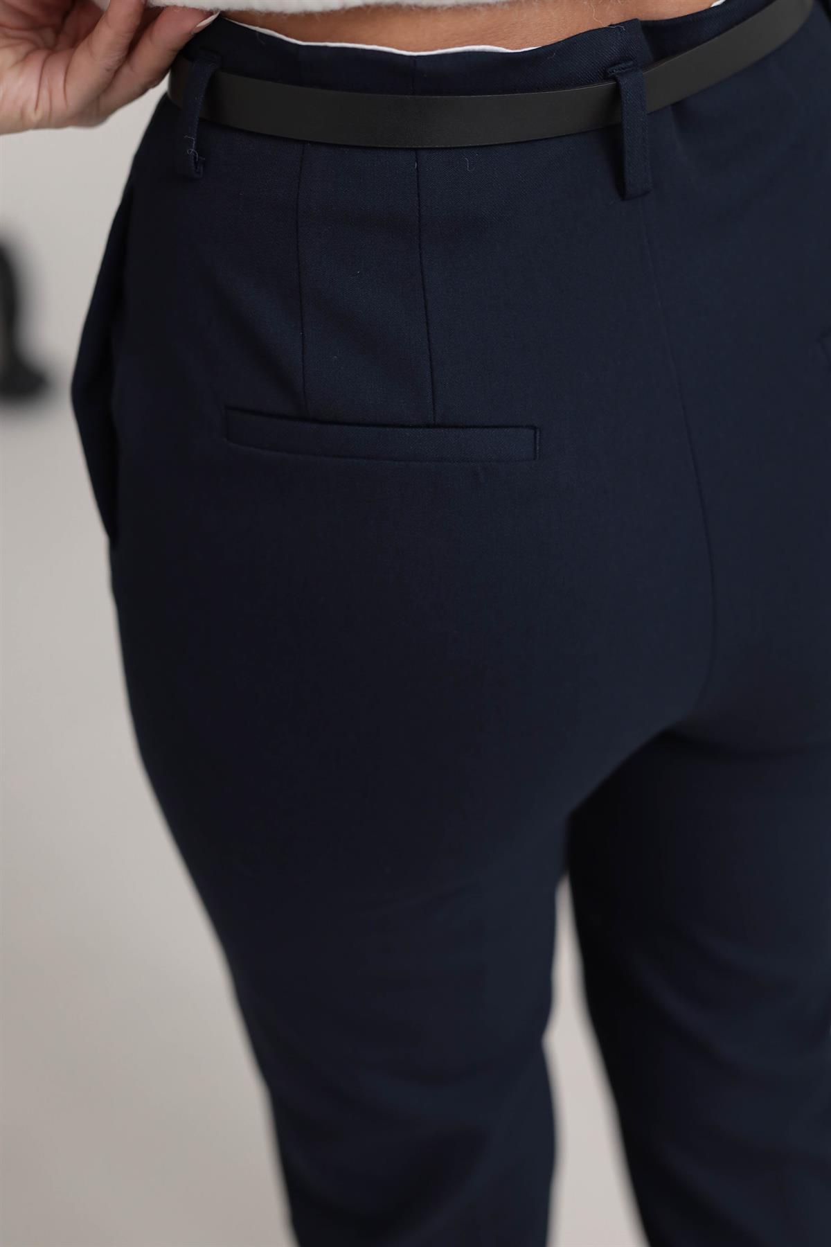 1293 Kemerli Yüksek Bel Havuç Pantolon LACİVERT