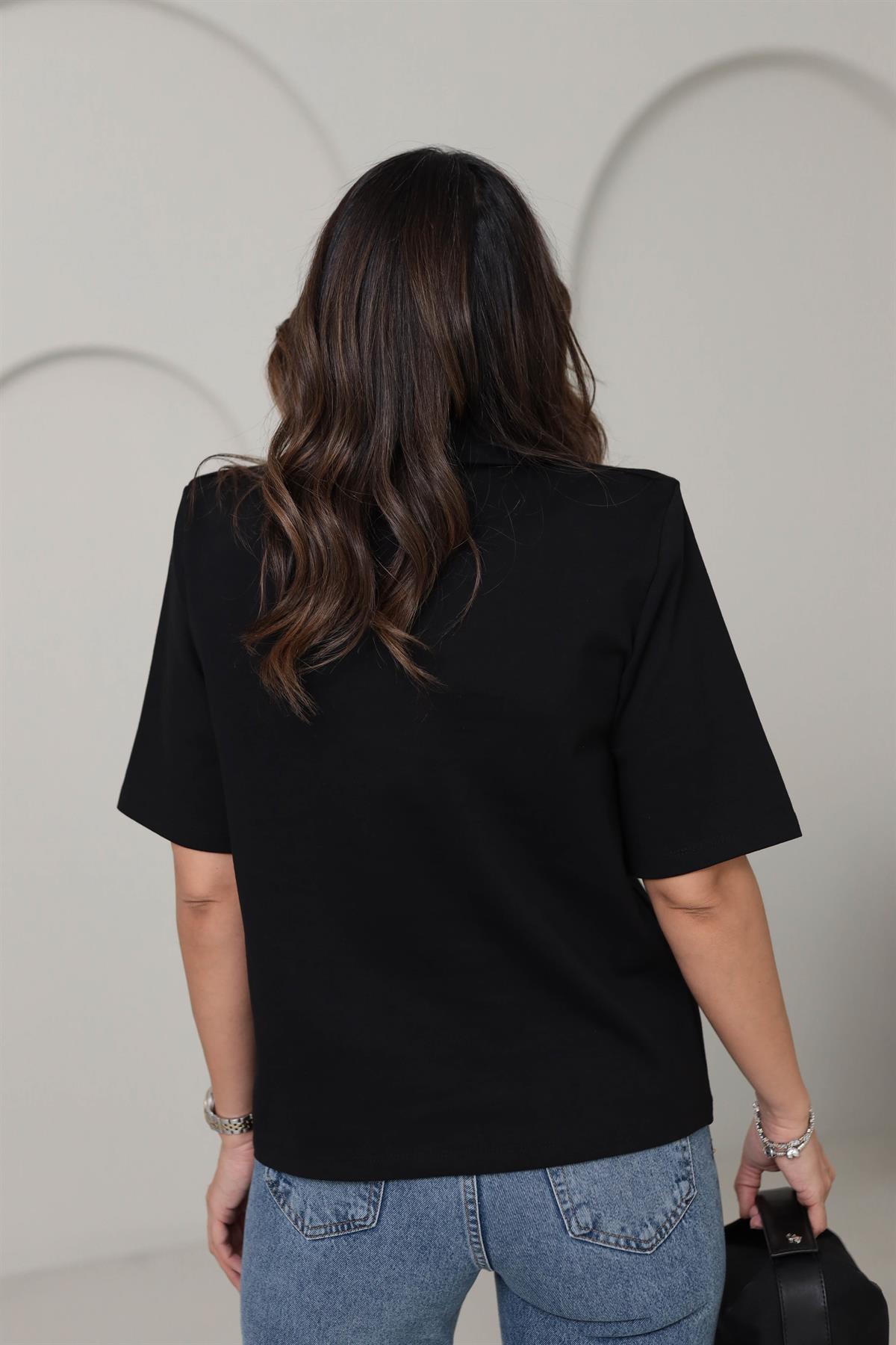 1008 Polo Yaka Fermuarlı Tshirt SİYAH