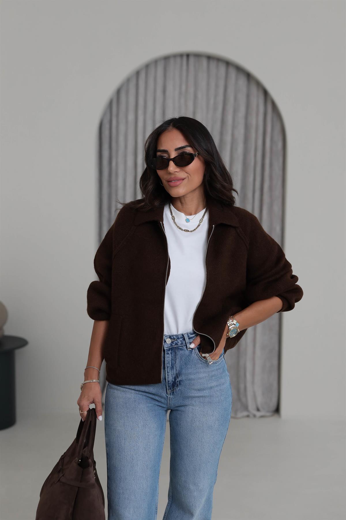 4904 Fermuar Detaylı Reglan Kol Triko Hırka KAHVE