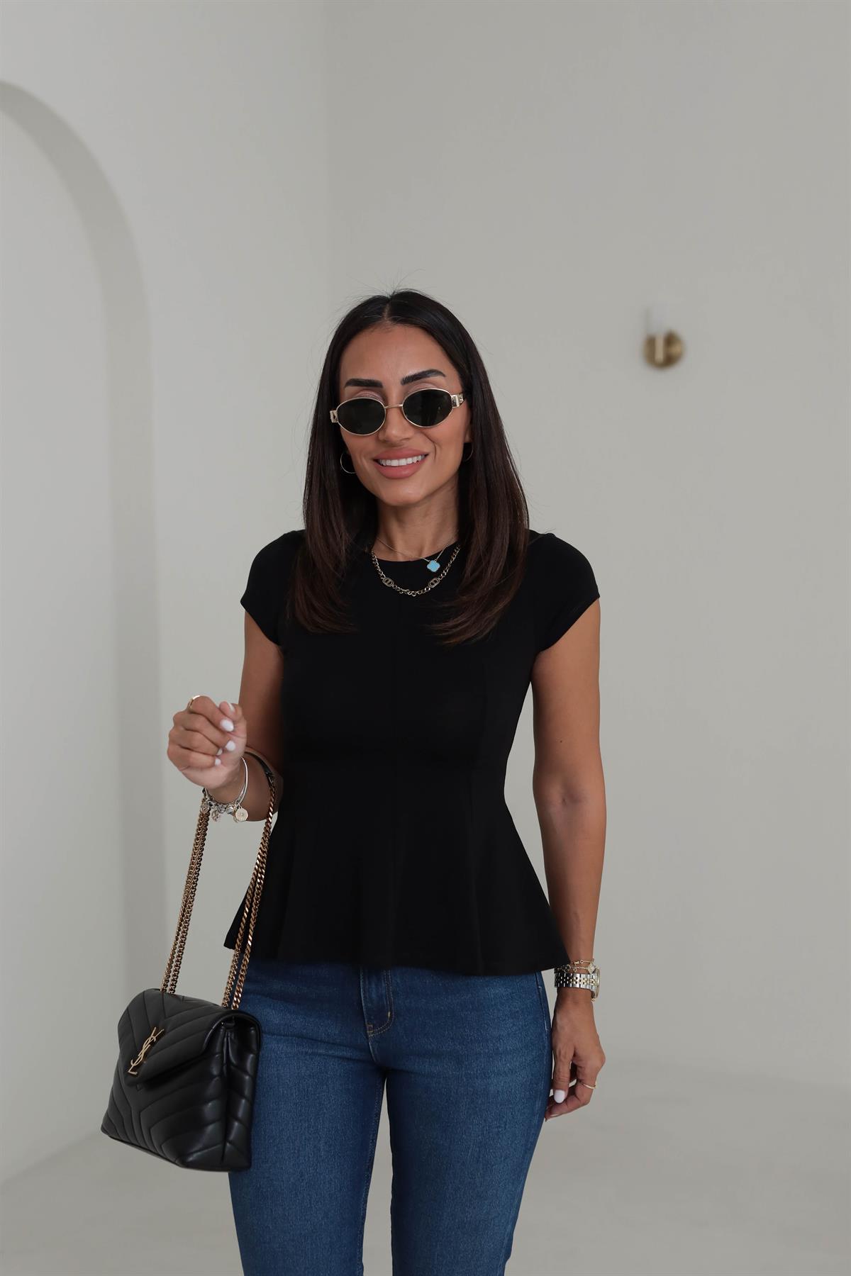 1992 Bisiklet Yaka Kısa Kol Peplum Tshirt SİYAH