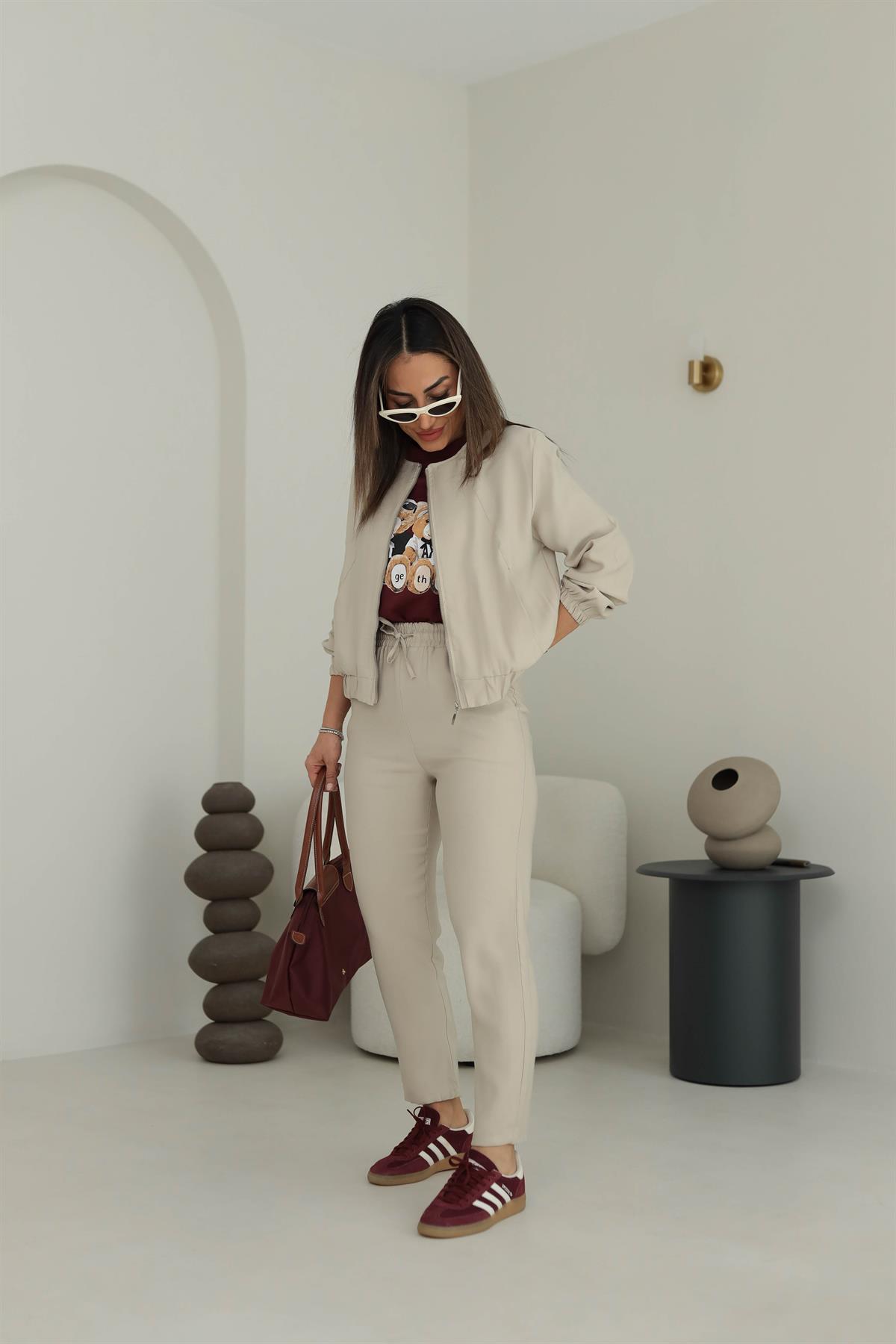 3193 Fermuar Ve Önü Lastik Detaylı Tencel Kumaş Takım TAŞ