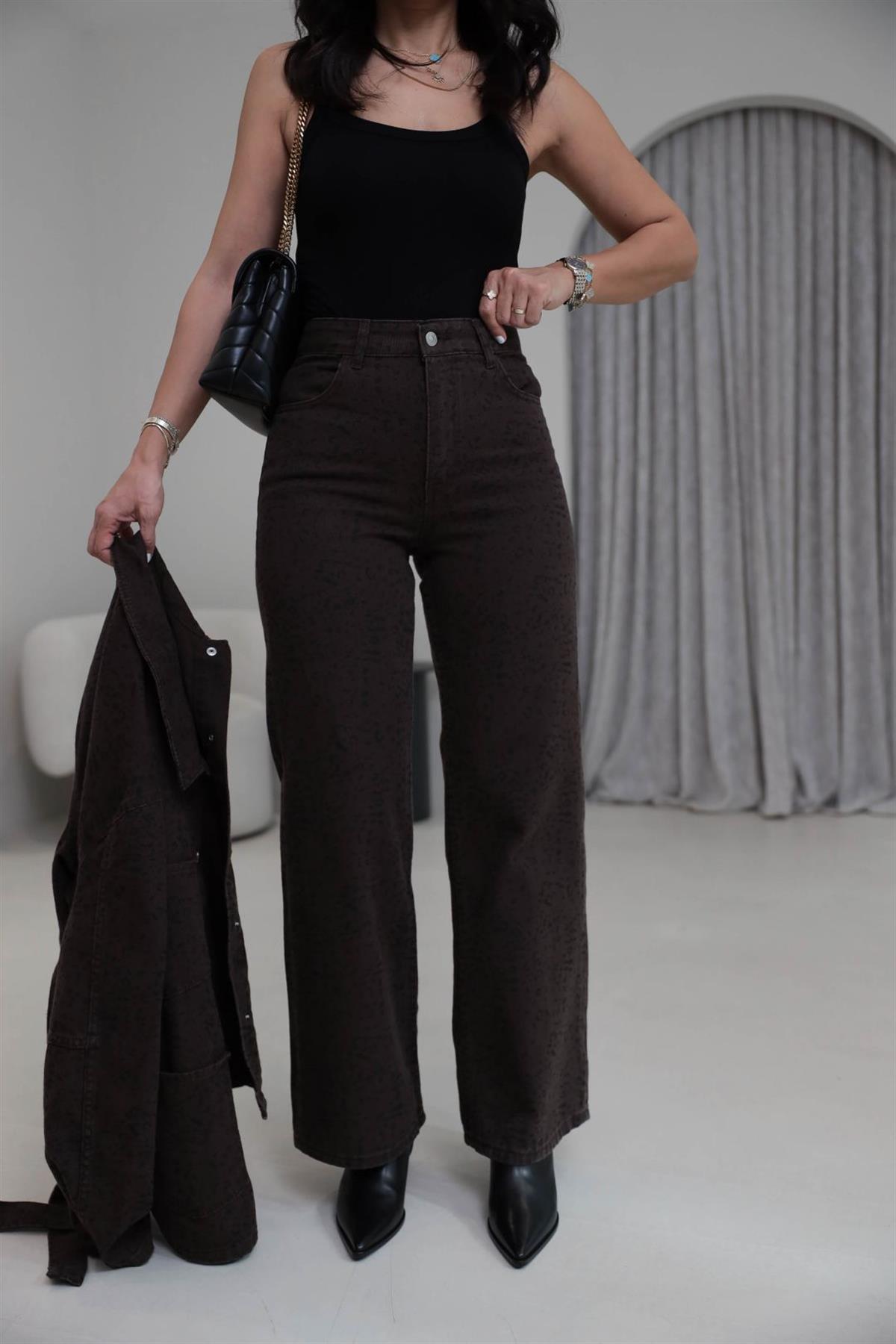 0248 Leopar Desen Düz Paça Jean Pantolon KAHVE