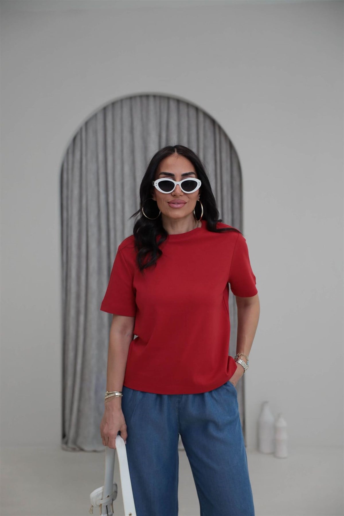 6074 Bisiklet Yaka Pamuklu Basic Tshirt KIRMIZI