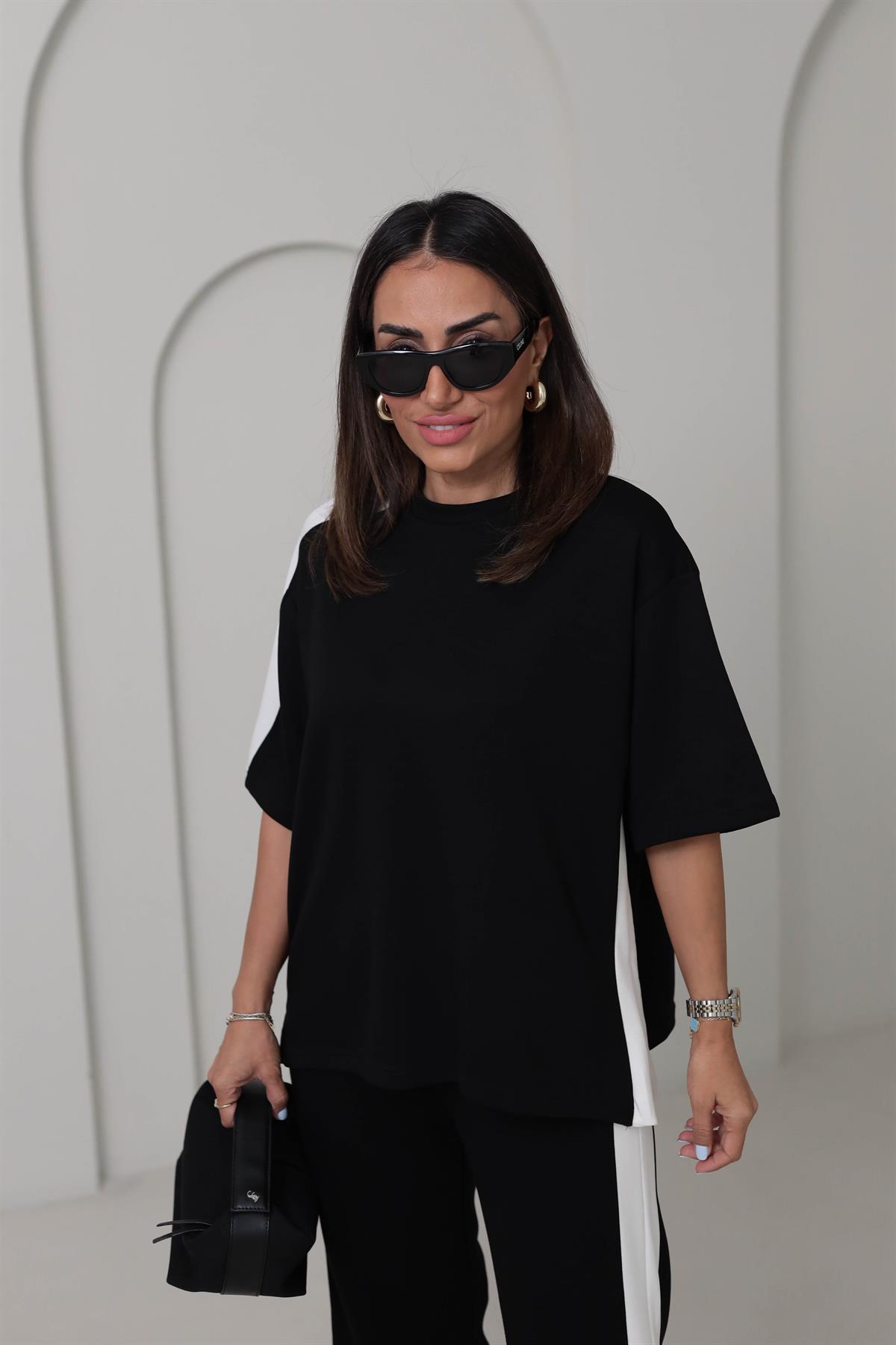 3417 Kontrastlı Paça Yırtmaçlı Rahat Modal Takım SİYAH