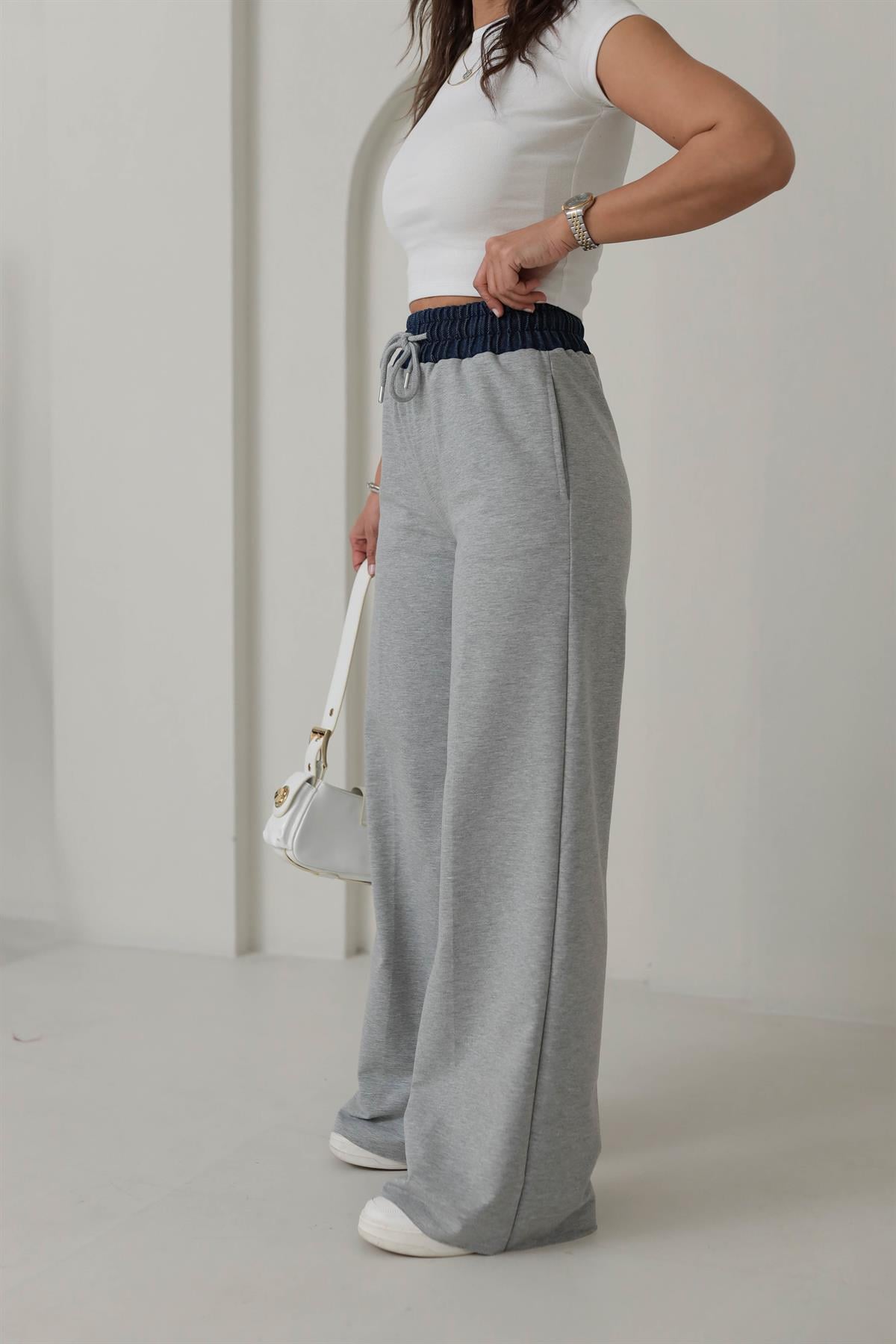 5727 Beli Kot Detaylı Eşofman Altı GRİ MELANJ