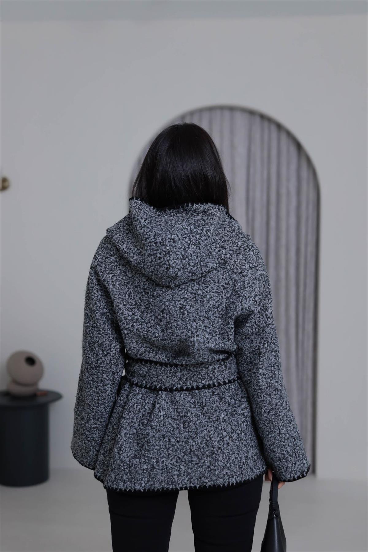 9152 Kontrast Dikiş Detaylı Kapşonlu Kaban GRİ