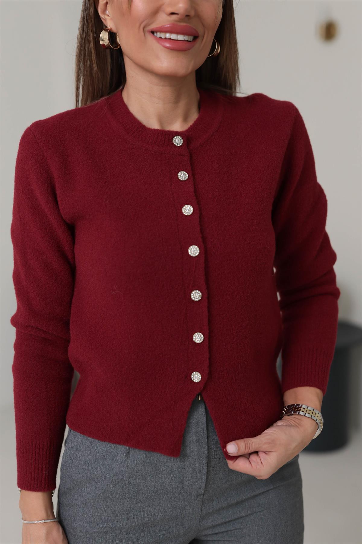 2436 Bisiklet Yaka Taş Düğmeli Yumoş Hırka BORDO