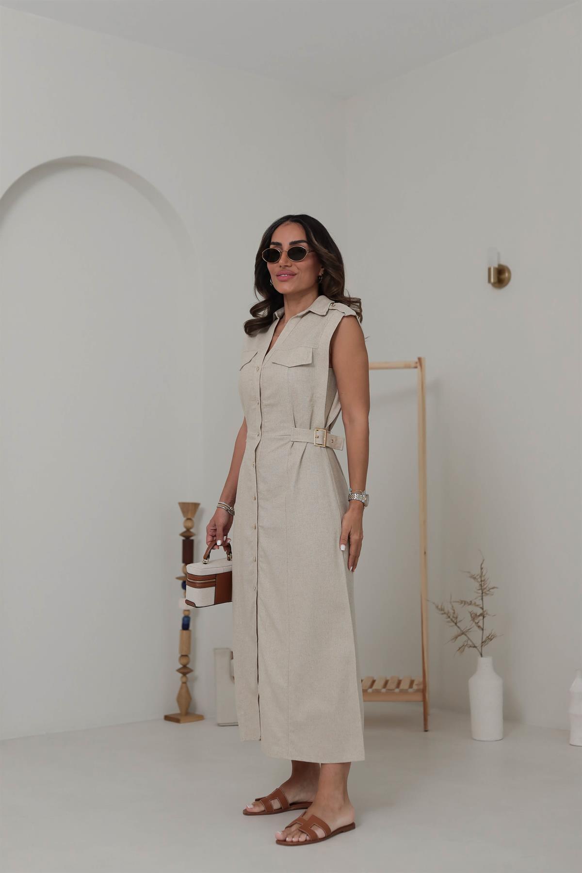 0473 Yanı Tokalı Keten Elbise TAŞ